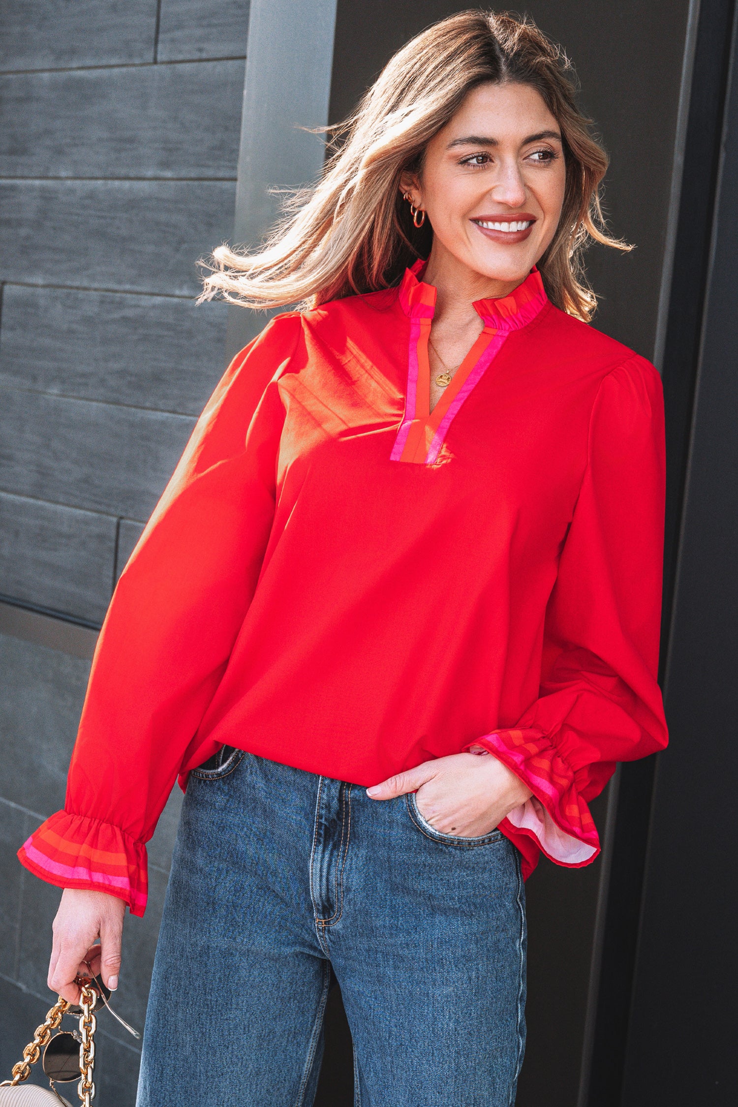 Black Striped Trim Ruffle Split Neck Long Sleeve Blouse-Tops/Blouses & Shirts-[Adult]-[Female]-2022 Online Blue Zone Planet
