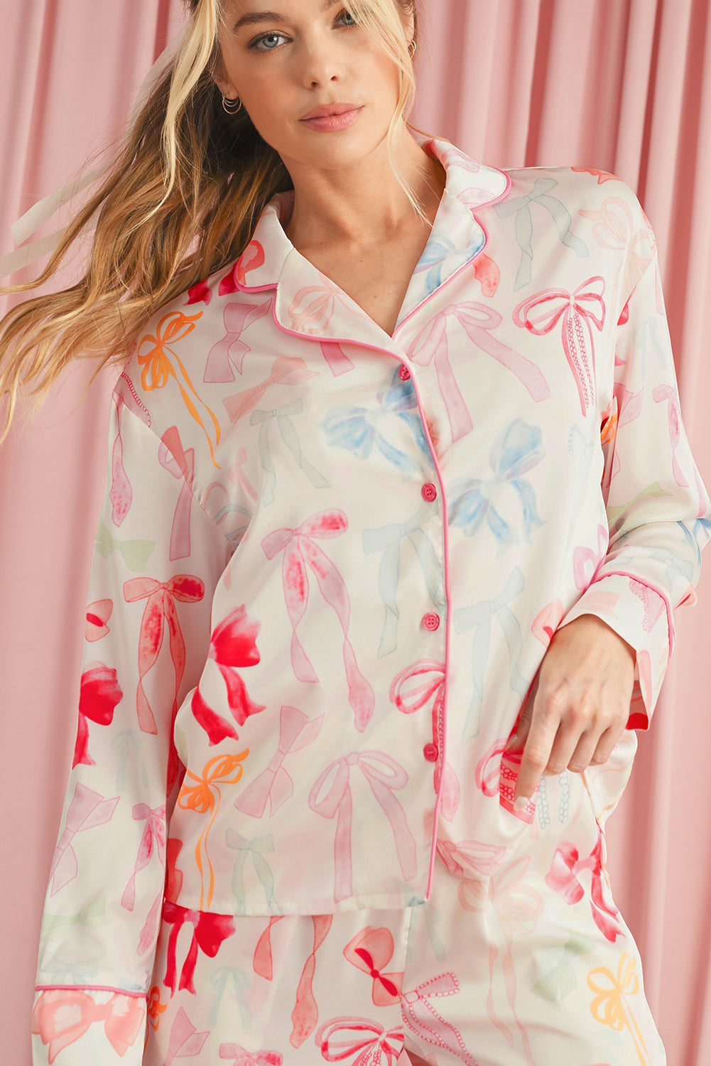 Blue Zone Planet | White Bow Print Lapel Collar Wide Leg Satin Pajama Set-Loungewear Set-[Adult]-[Female]-2022 Online Blue Zone Planet