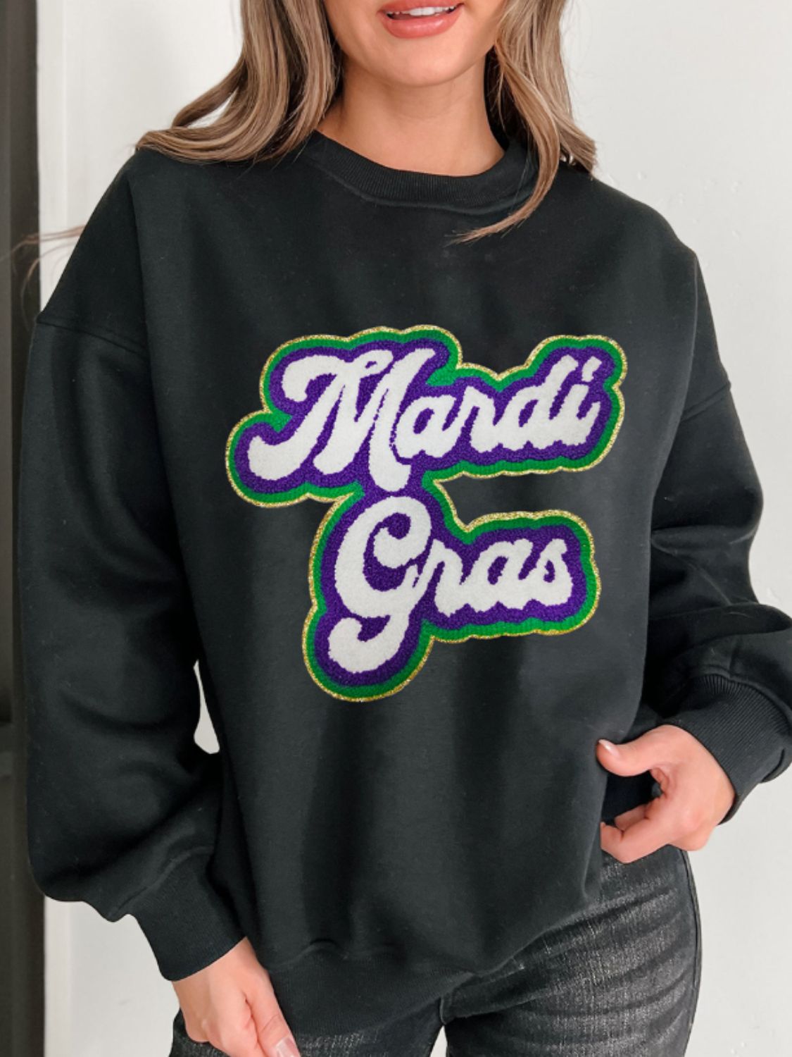 MARDI GRAS Round Neck Drop Shoulder Sweatshirt-TOPS / DRESSES-[Adult]-[Female]-2022 Online Blue Zone Planet