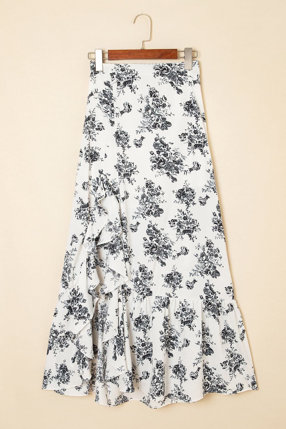 Black Boho Floral High Waist Ruffle Split Maxi Skirt-Bottoms/Skirts & Petticoat-[Adult]-[Female]-2022 Online Blue Zone Planet