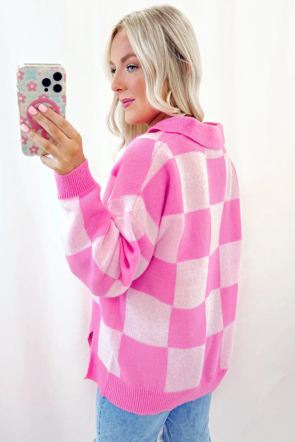 Blue Zone Planet | Pink Checkerboard Half Button Collared Drop Shoulder Sweater-Sweaters & Cardigans/Sweaters-[Adult]-[Female]-2022 Online Blue Zone Planet