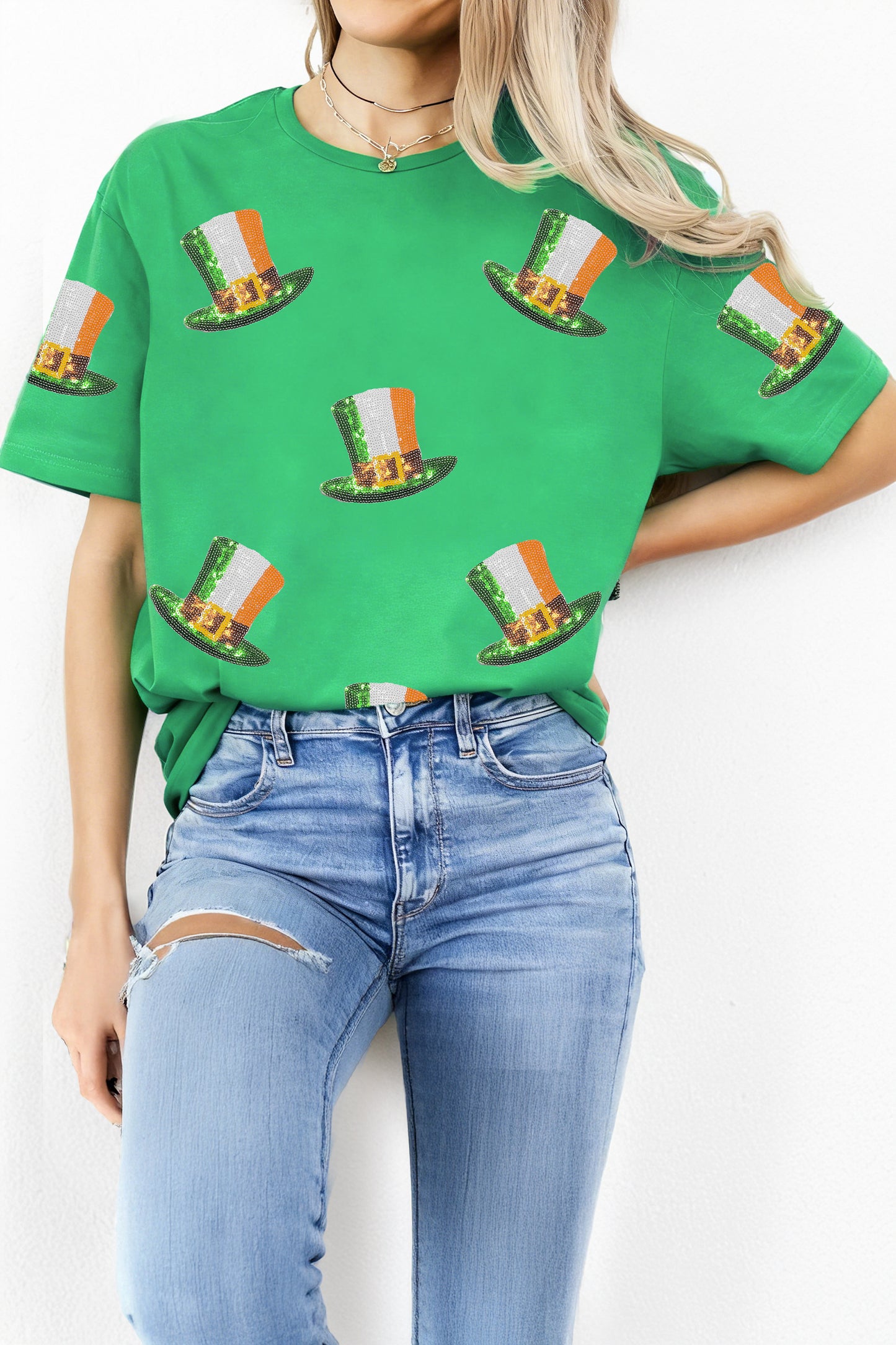 Bright Green Sequin St Patricks Day Hat Relaxed T Shirt-Graphic/Graphic Tees-[Adult]-[Female]-Bright Green-S-2022 Online Blue Zone Planet