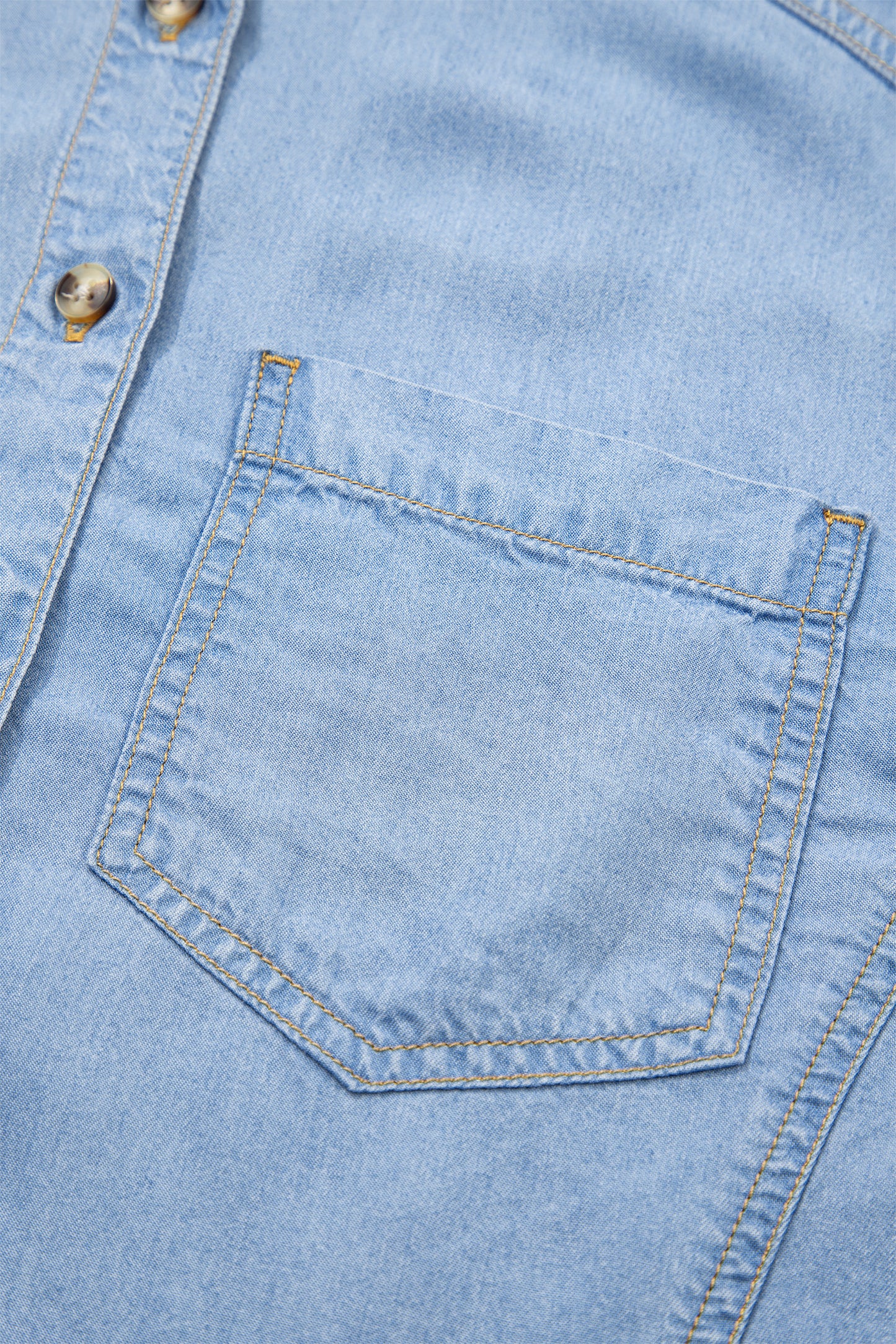 Beau Blue Half Sleeve Button Down Ruffled High Low Chambray Shirt-Tops/Blouses & Shirts-[Adult]-[Female]-2022 Online Blue Zone Planet