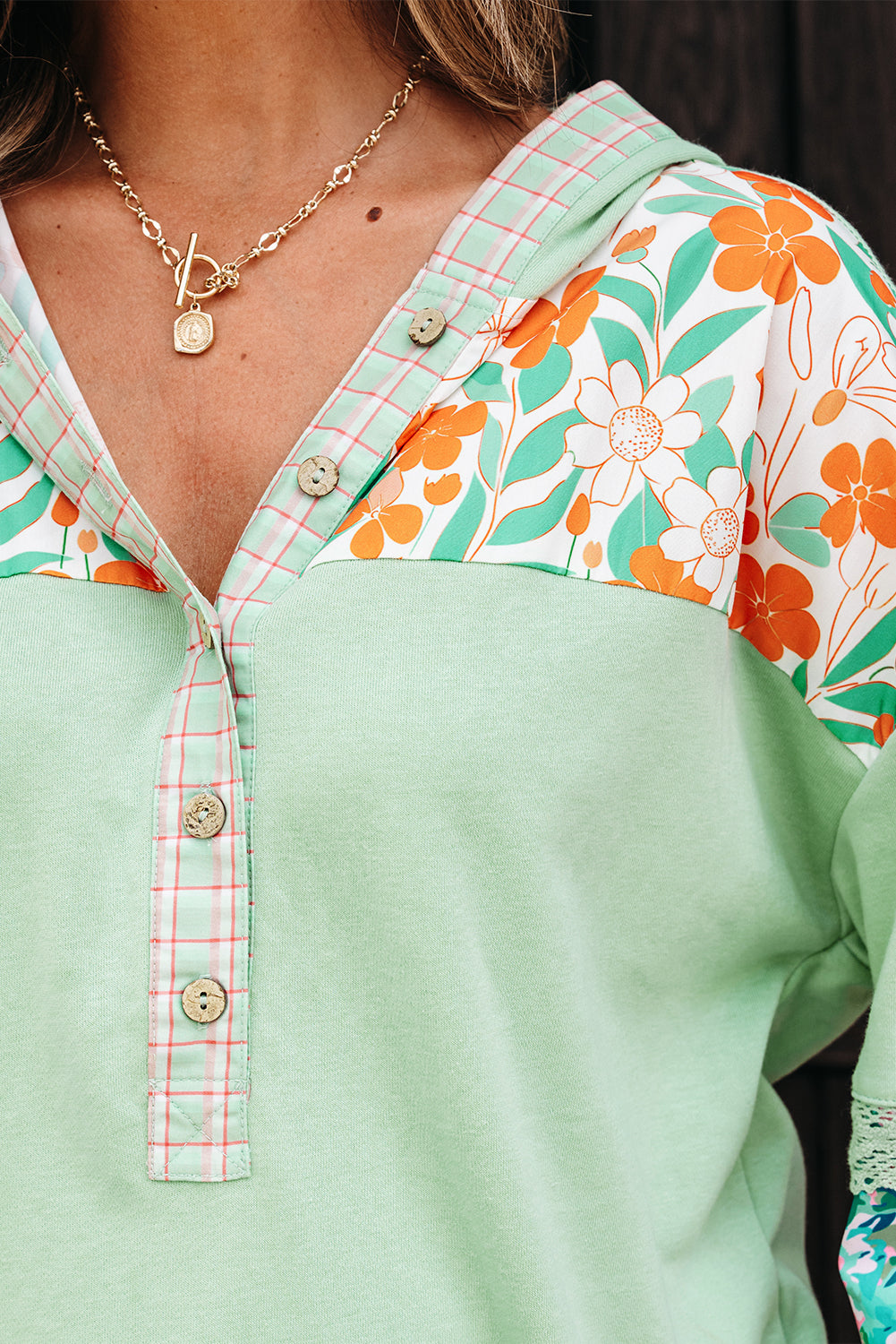 Clearly Aqua Lace Floral Patchwork Half Button Hooded Pullover-Tops / Dresses-[Adult]-[Female]-2022 Online Blue Zone Planet