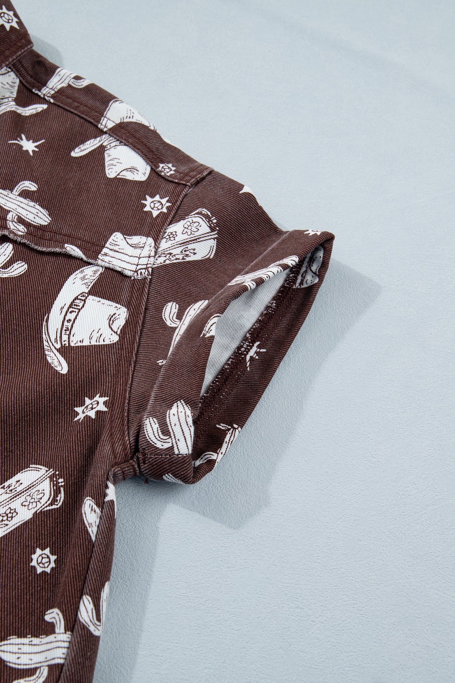 Brown Cowgirl Hats Boots Cactus Print Raw Edge Button Down Short Denim Dress-TOPS / DRESSES-[Adult]-[Female]-2022 Online Blue Zone Planet