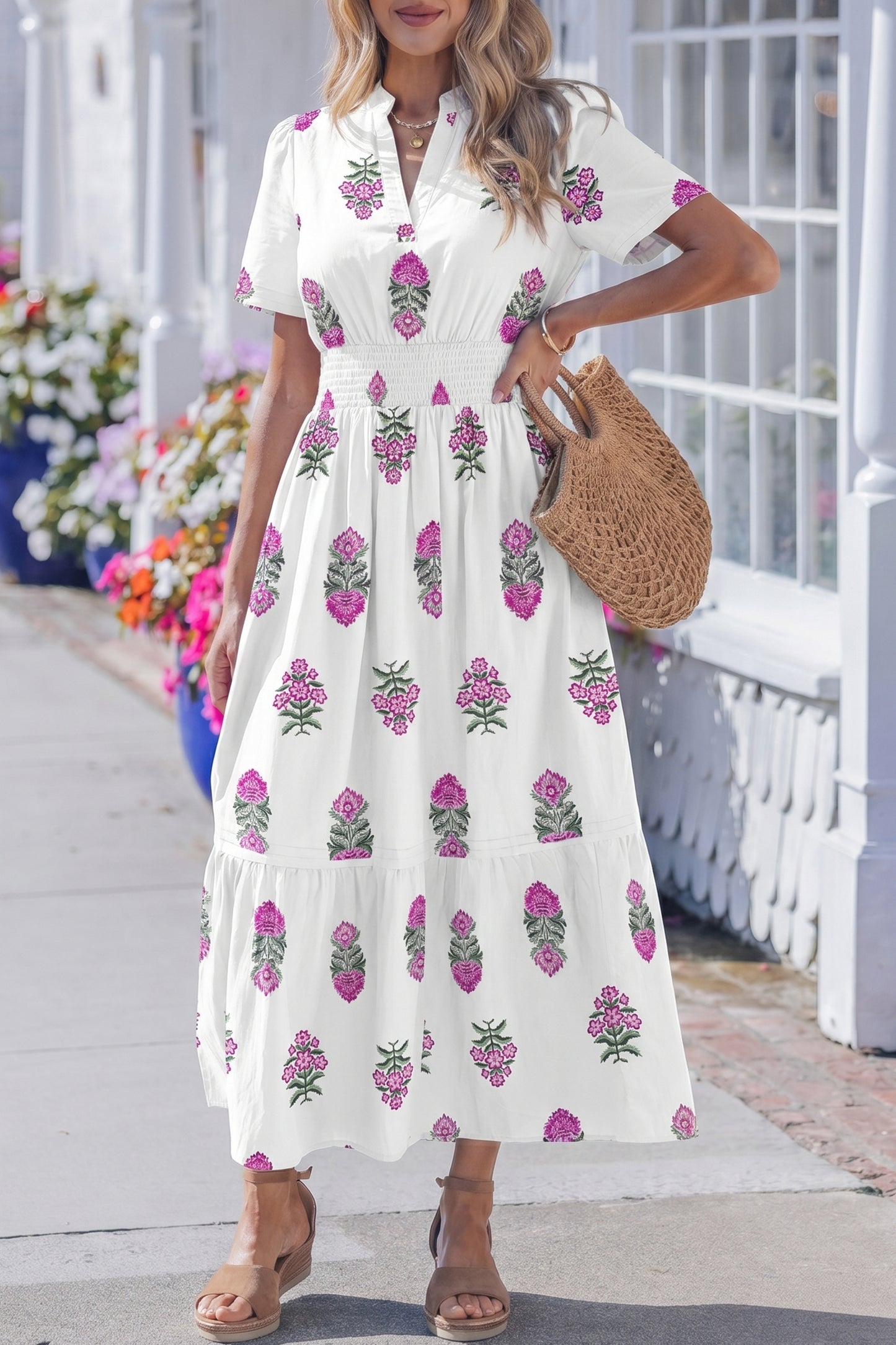 White Floral Print Split Neck Shirred High Waist Ruffle Hem Maxi Dress-TOPS / DRESSES-[Adult]-[Female]-2022 Online Blue Zone Planet