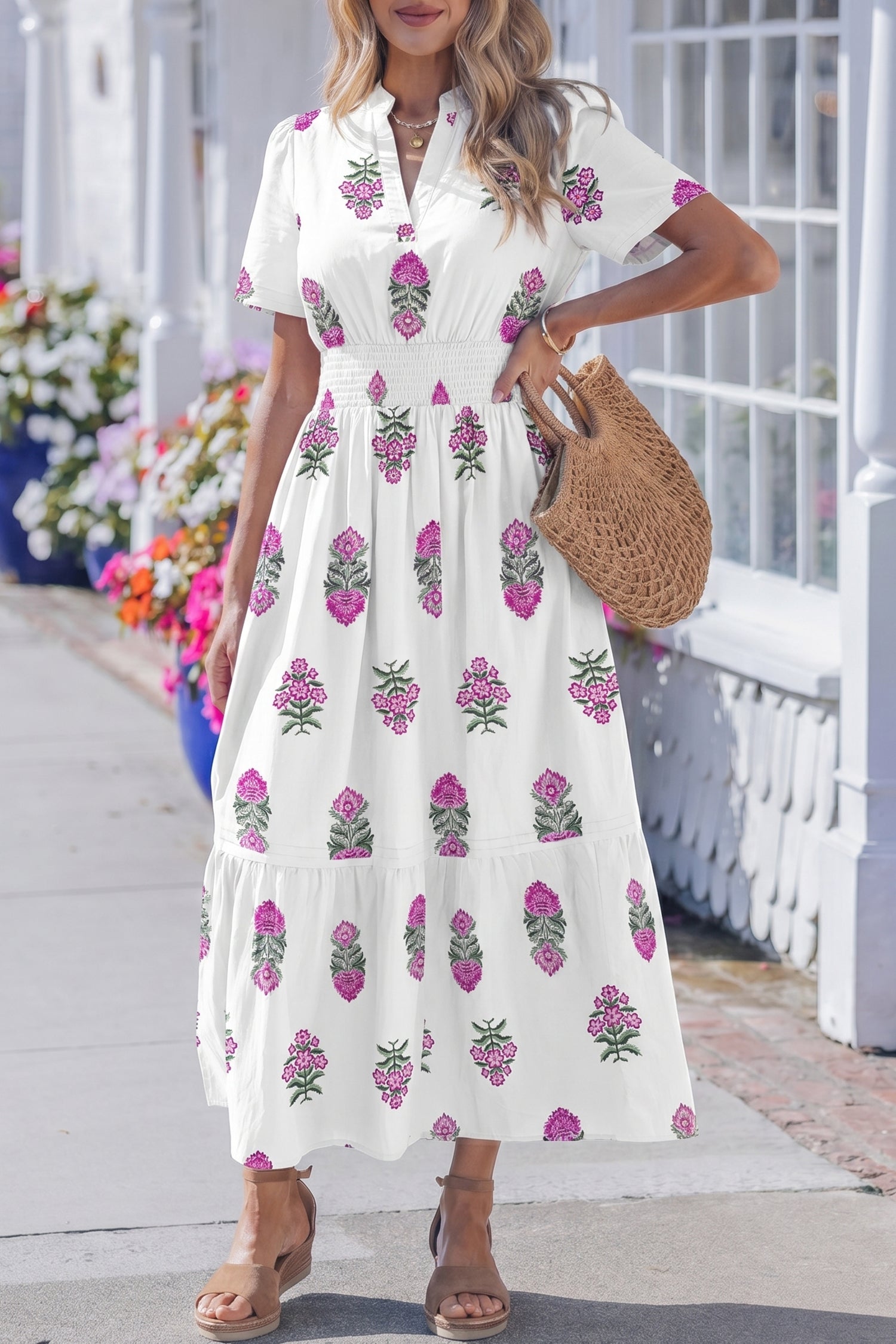 White Floral Print Split Neck Shirred High Waist Ruffle Hem Maxi Dress-TOPS / DRESSES-[Adult]-[Female]-2022 Online Blue Zone Planet