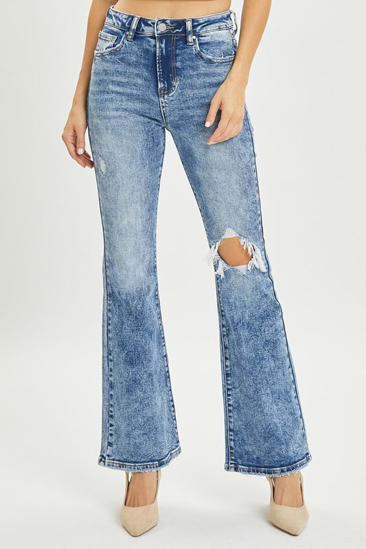 RISEN Full Size High Rise Distressed Flare Jeans-BOTTOMS SIZES SMALL MEDIUM LARGE-[Adult]-[Female]-Acid Medium-0-2022 Online Blue Zone Planet