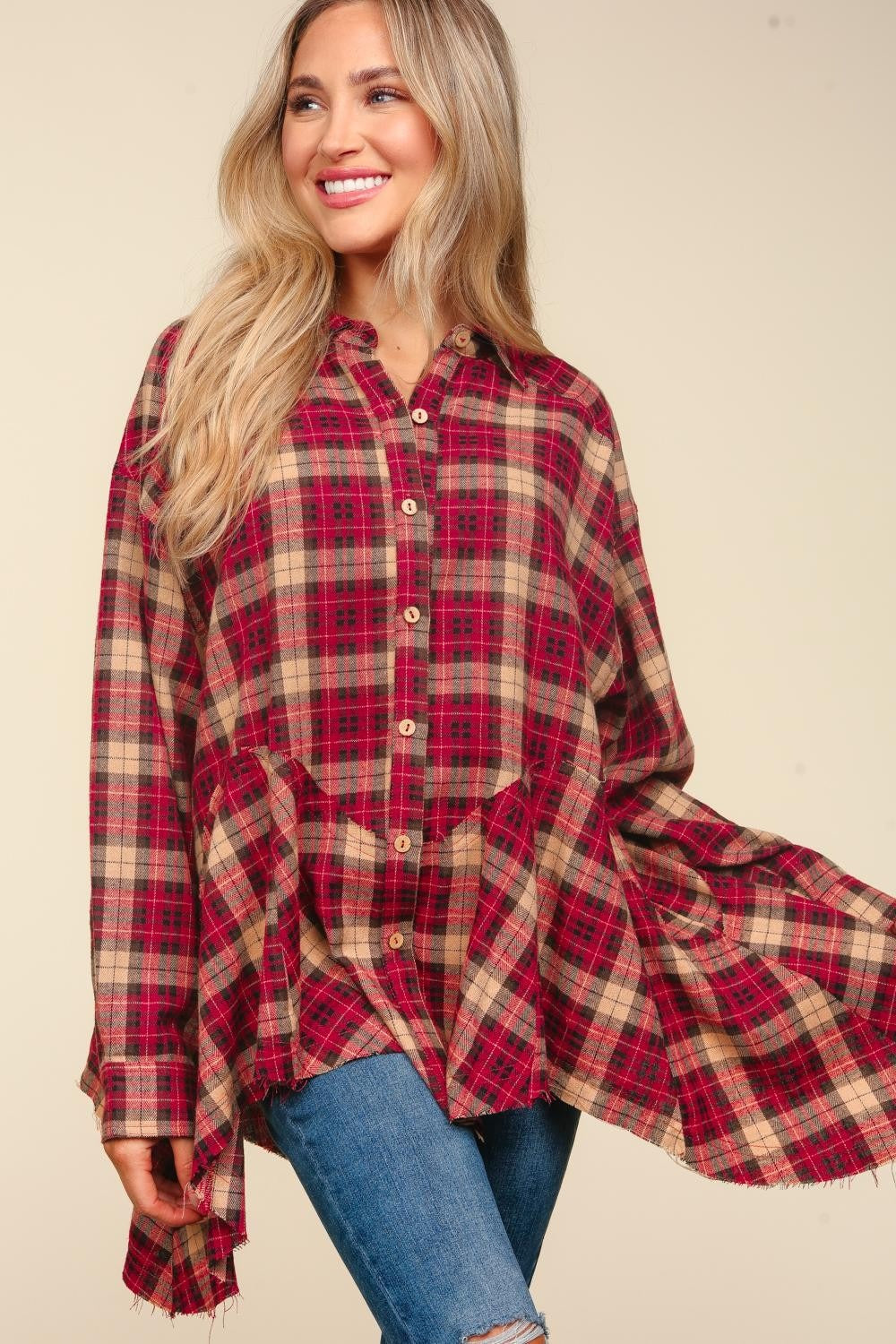 Haptics Plaid Button Down Sharkbite Shirt-TOPS / DRESSES-[Adult]-[Female]-2022 Online Blue Zone Planet