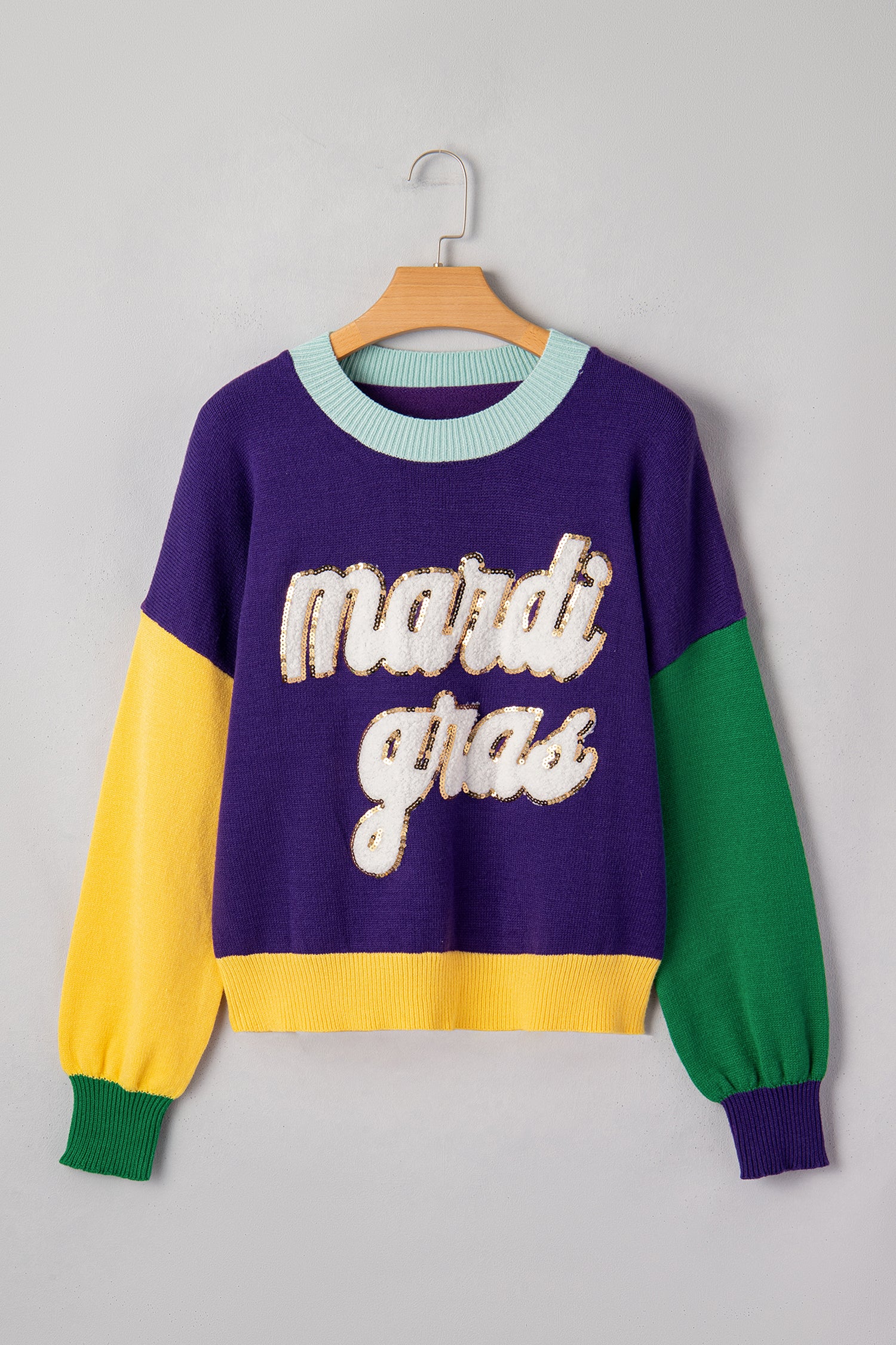 Tillandsia Purple Colorblock Patchwork Fuzzy Mardi Gras Graphic Sweater-TOPS / DRESSES-[Adult]-[Female]-2022 Online Blue Zone Planet