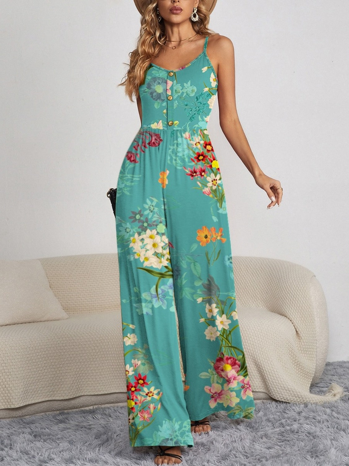 FAM-FAM Decorative Button Spaghetti Strap Wide Leg Jumpsuit-TOPS / DRESSES-[Adult]-[Female]-Turquoise-S-2022 Online Blue Zone Planet