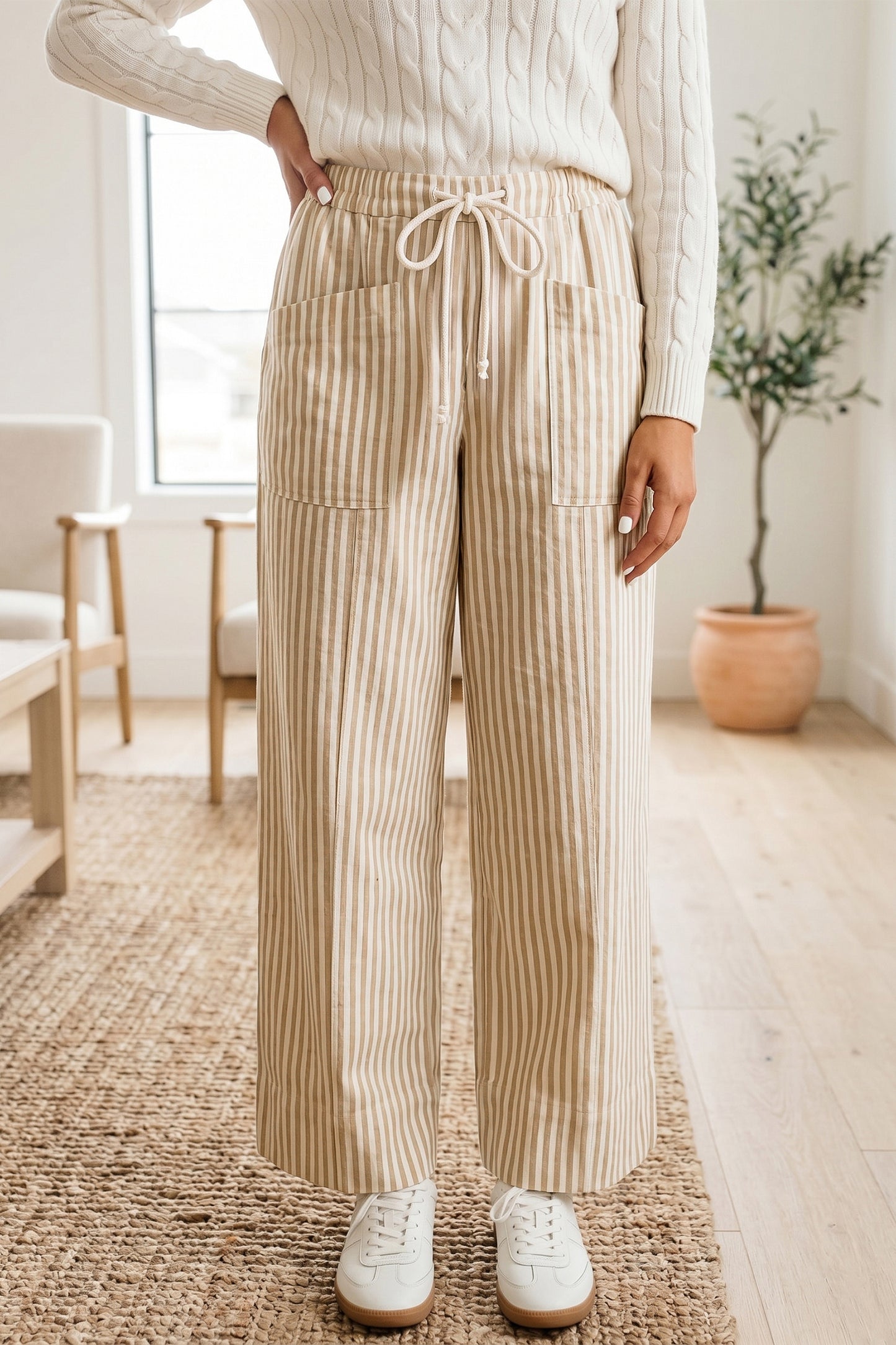 Apricot Stripe Ribbon Drawstring Waist Full-Length Shift Pant-Bottoms/Pants & Culotte-[Adult]-[Female]-2022 Online Blue Zone Planet