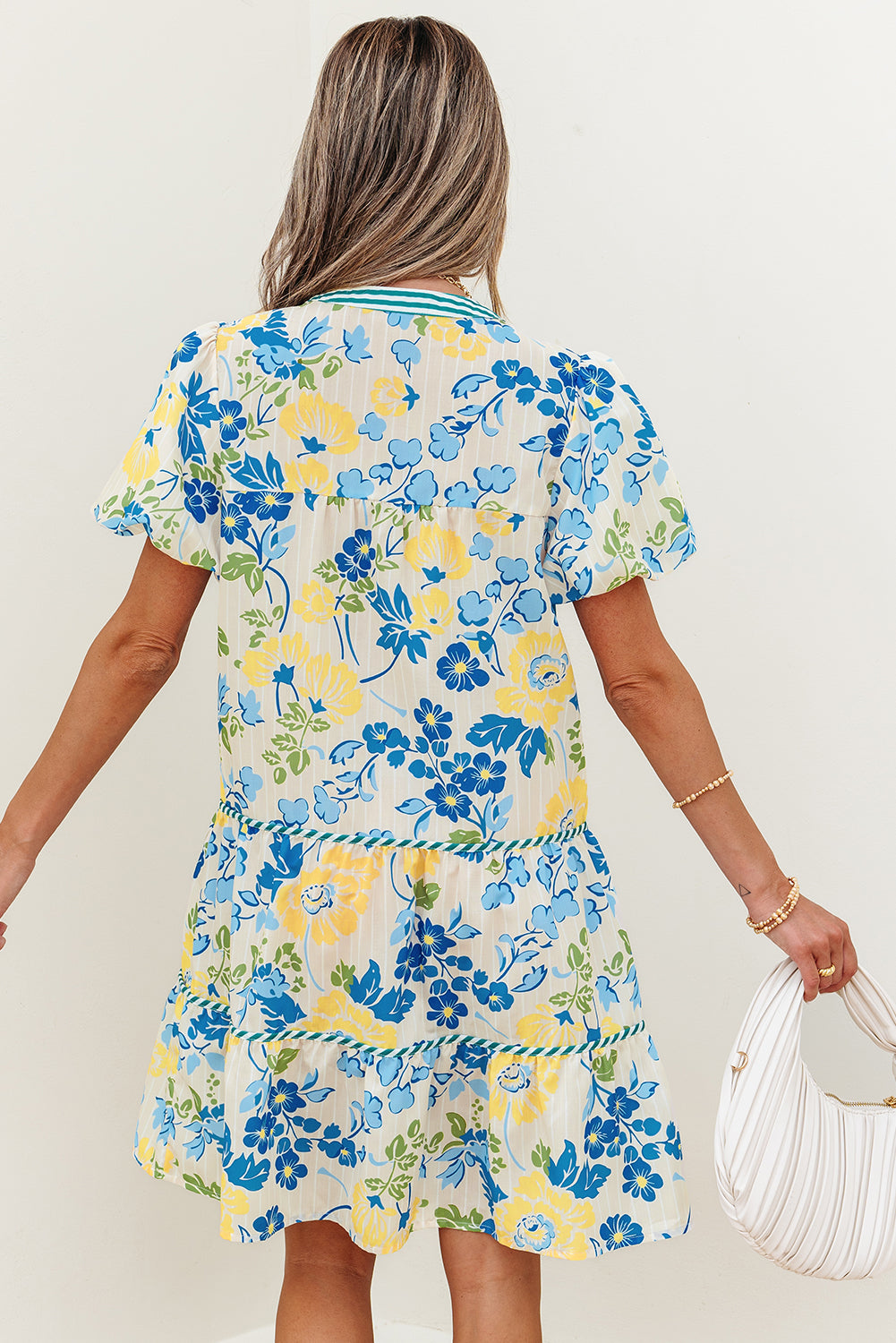 Blue Floral Striped Trim Puff Short Sleeve Dress-TOPS / DRESSES-[Adult]-[Female]-2022 Online Blue Zone Planet