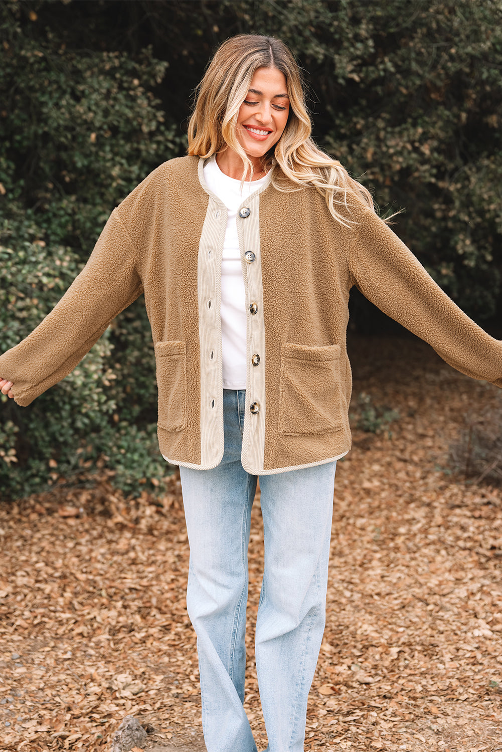 Light French Beige Puffy Plush Corduroy Edge Patchwork Jacket with Big Pockets-Outerwear/Jackets-[Adult]-[Female]-2022 Online Blue Zone Planet