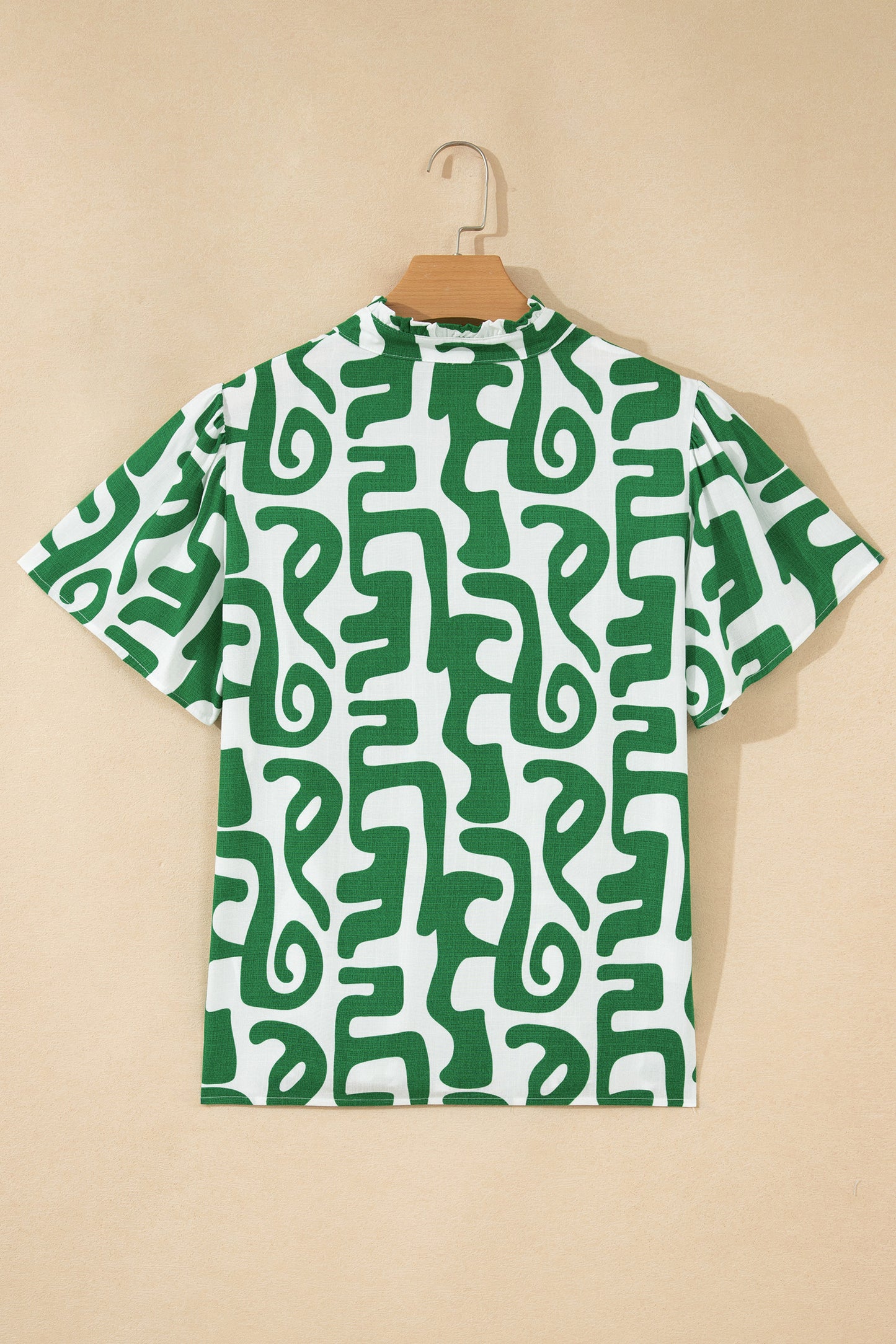 Green Abstract Print Striped Trim V Neck Short Sleeve Blouse-Tops/Blouses & Shirts-[Adult]-[Female]-2022 Online Blue Zone Planet