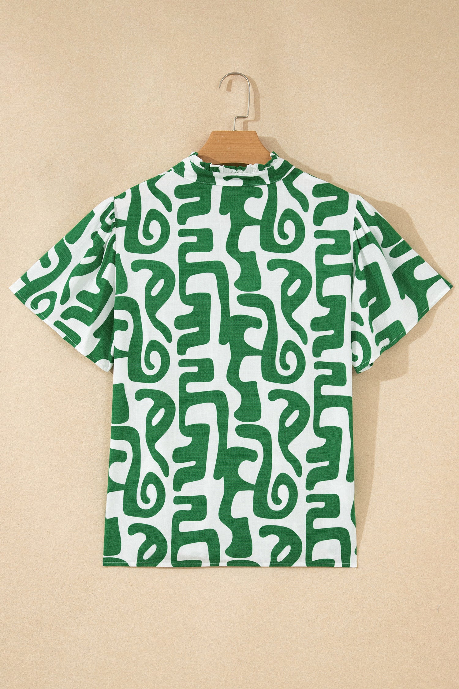 Green Abstract Print Striped Trim V Neck Short Sleeve Blouse-Tops/Blouses & Shirts-[Adult]-[Female]-2022 Online Blue Zone Planet