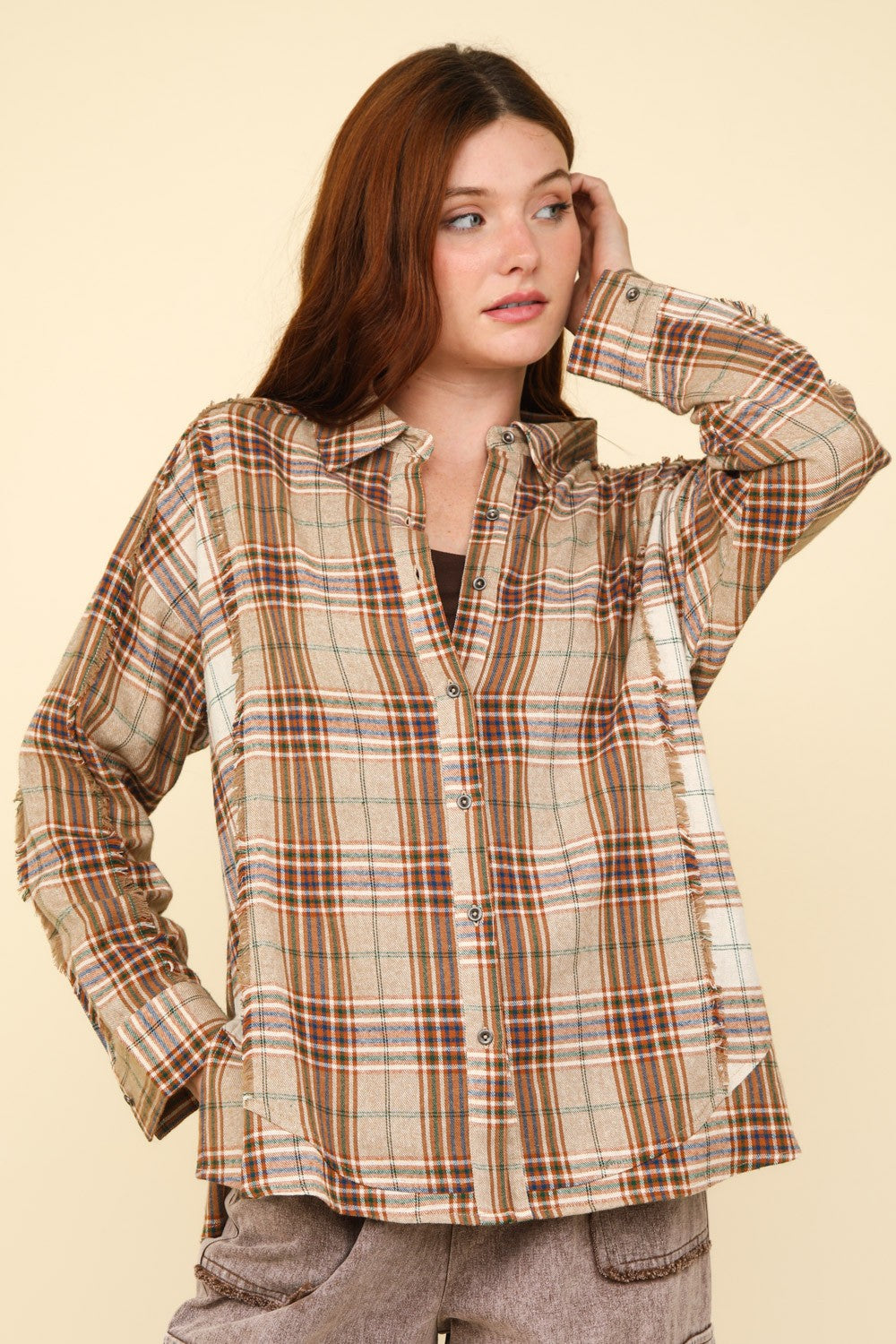 VERY J Contrast Plaid Raw Detail Shirt-[Adult]-[Female]-2022 Online Blue Zone Planet