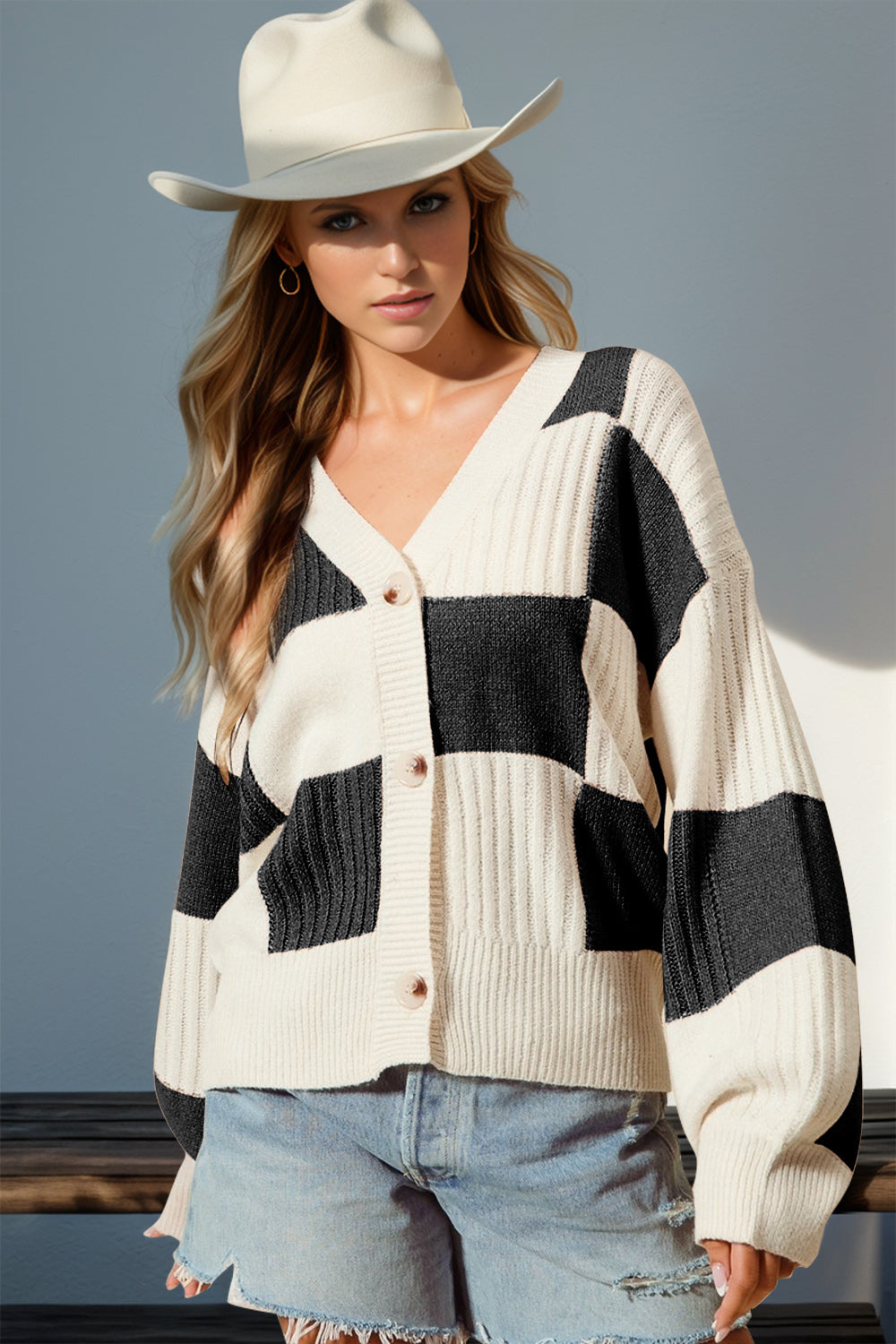 Double Take Full Size Checkered Dropped Shoulder Cardigan-TOPS / DRESSES-[Adult]-[Female]-Black-S/M-2022 Online Blue Zone Planet