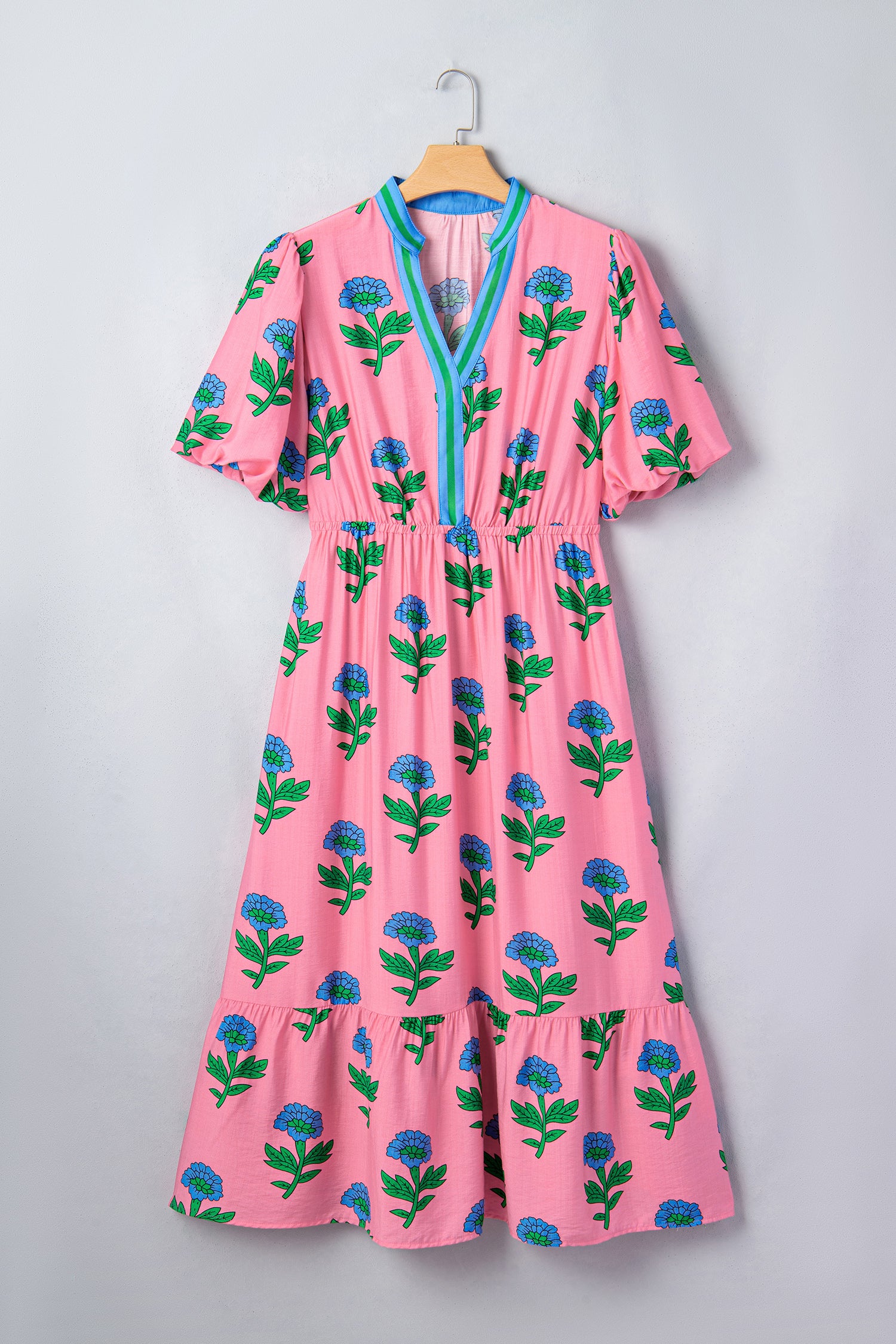 Pink Plus Size Striped V Neck Ruffled Floral Long Dress-Plus Size/Plus Size Dresses/Plus Size Maxi Dresses-[Adult]-[Female]-2022 Online Blue Zone Planet