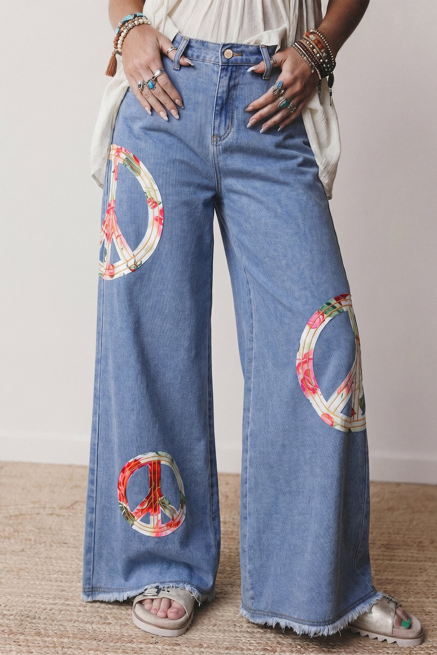 Myosotis Floral Peace Sign Embroidered Patch Wide Leg Jeans-Bottoms/Jeans-[Adult]-[Female]-Myosotis-4-2022 Online Blue Zone Planet