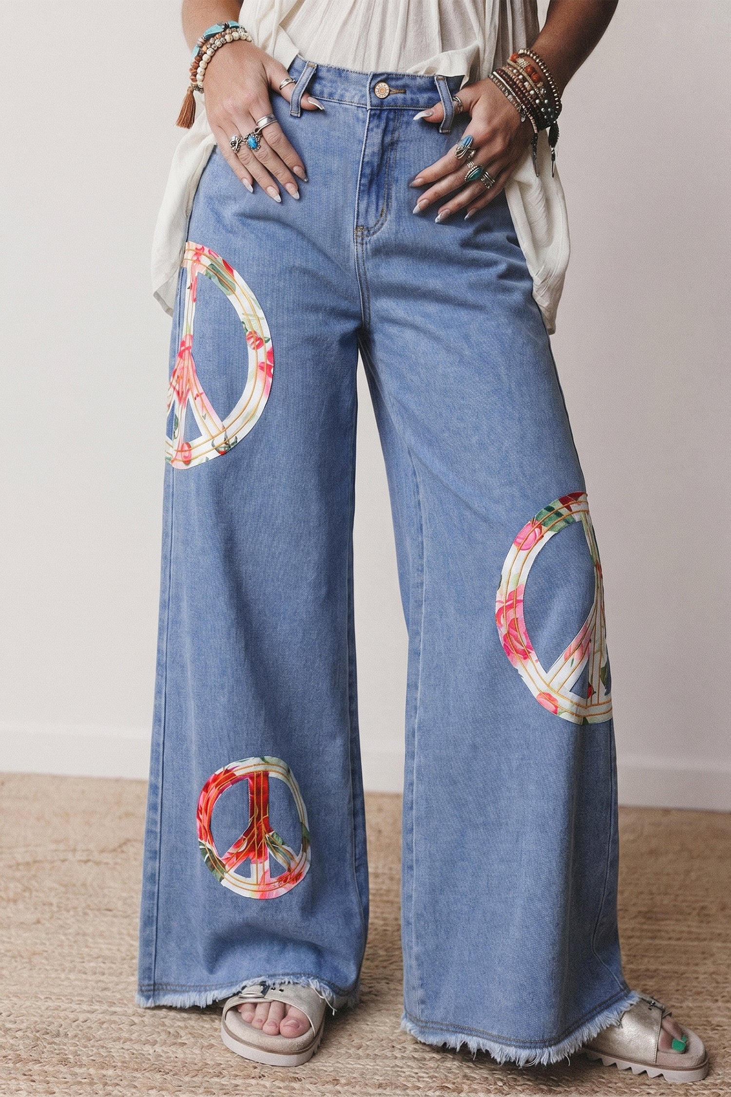 Myosotis Floral Peace Sign Embroidered Patch Wide Leg Jeans-Bottoms/Jeans-[Adult]-[Female]-Myosotis-4-2022 Online Blue Zone Planet