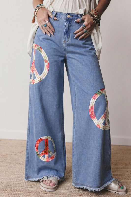 Myosotis Floral Peace Sign Embroidered Patch Wide Leg Jeans-Bottoms/Jeans-[Adult]-[Female]-Myosotis-4-2022 Online Blue Zone Planet