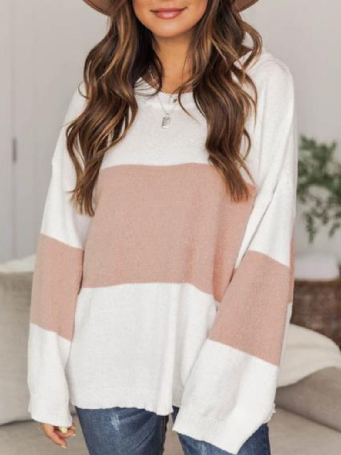 Color Block Round Neck Long Sleeve Sweater-TOPS / DRESSES-[Adult]-[Female]-Blush Pink-S-2022 Online Blue Zone Planet