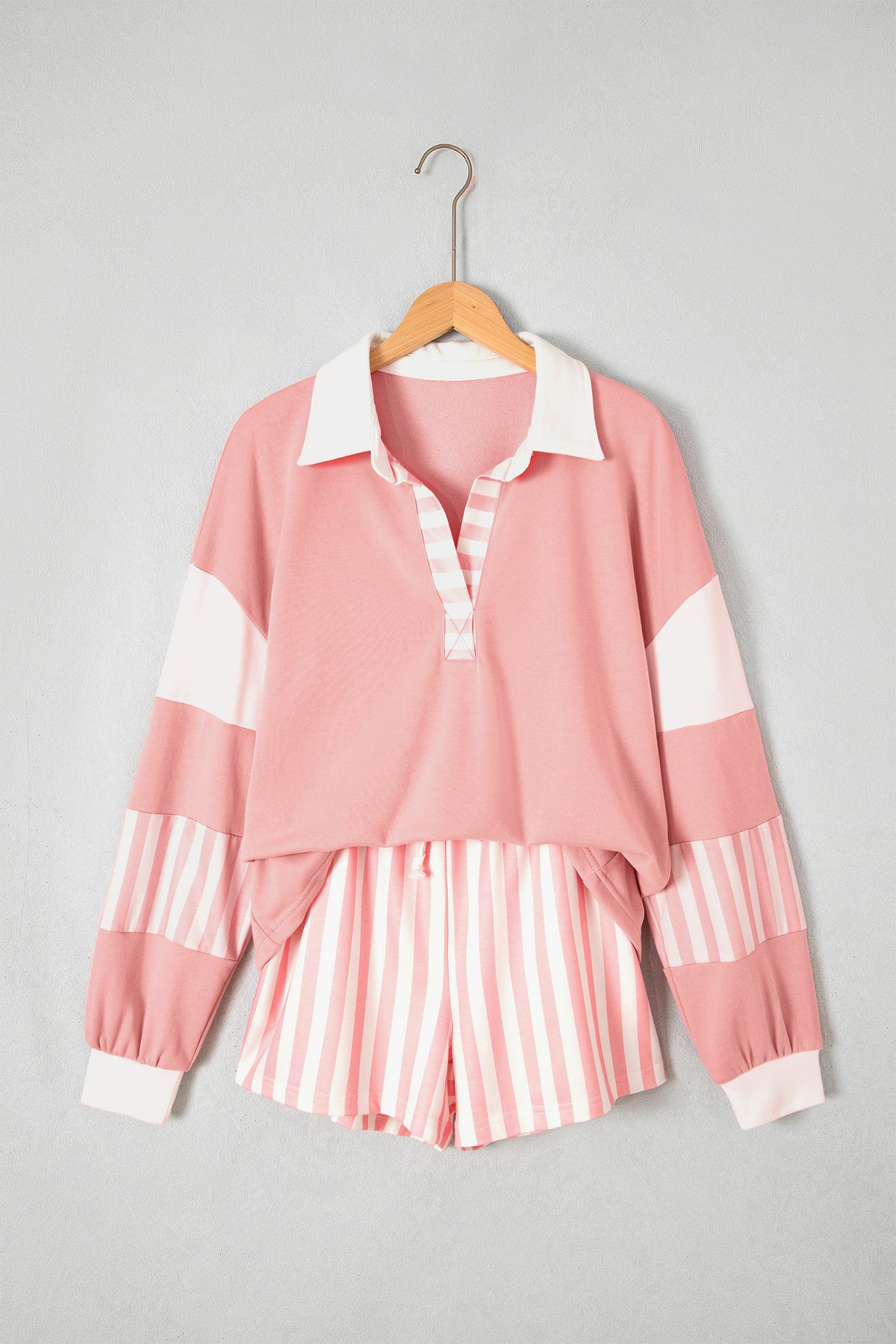 Gossamer Pink Striped Color Block Pullover Top Drawstring Shorts Set-Two Piece Sets/Short Sets-[Adult]-[Female]-2022 Online Blue Zone Planet