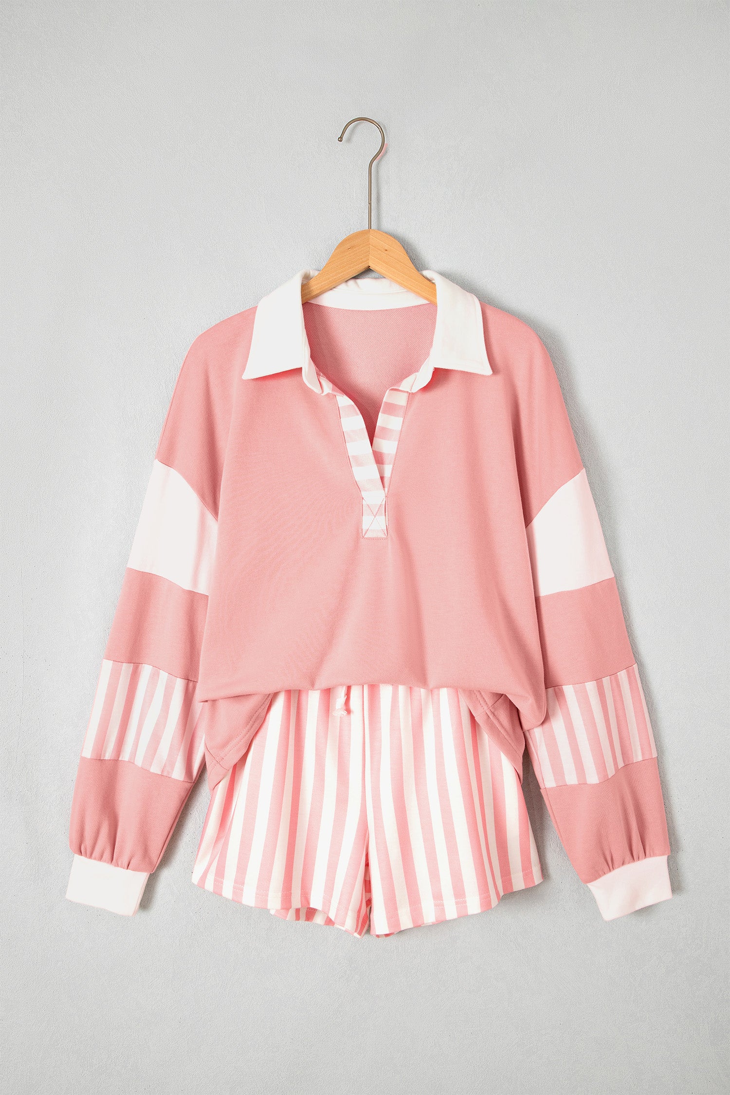 Gossamer Pink Striped Color Block Pullover Top Drawstring Shorts Set-Two Piece Sets/Short Sets-[Adult]-[Female]-2022 Online Blue Zone Planet