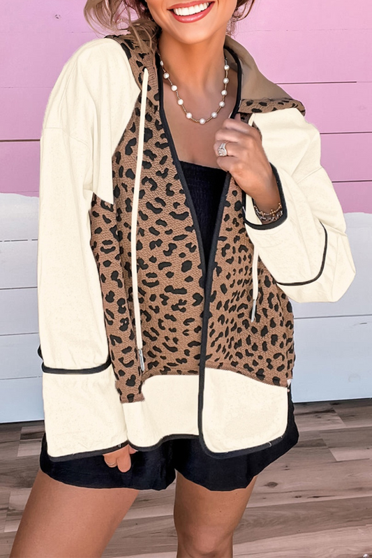 Brown Leopard Star Hooded Patchwork Contrast Piping Open Front Jacket-Outerwear/Jackets-[Adult]-[Female]-Brown-S-2022 Online Blue Zone Planet