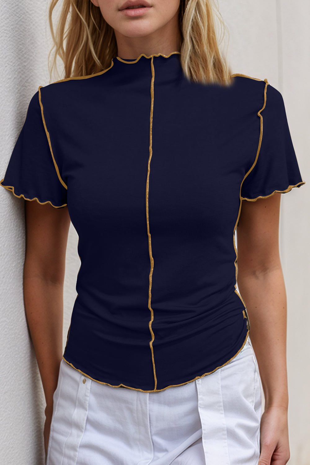 Basic Bae Contrast Trim Mock Neck Short Sleeve T-Shirt-TOPS / DRESSES-[Adult]-[Female]-Dark Navy-S-2022 Online Blue Zone Planet