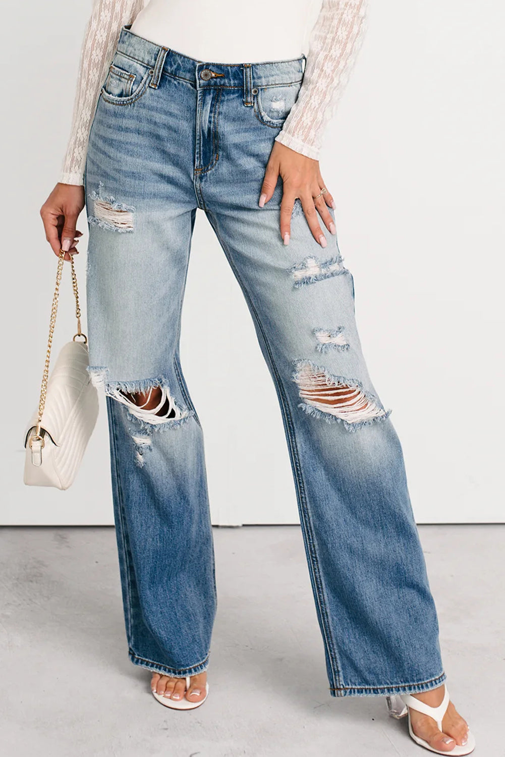 Myosotis Mid Rise Distressed Sneak Peek Straight Leg Jeans-Bottoms/Jeans-[Adult]-[Female]-2022 Online Blue Zone Planet
