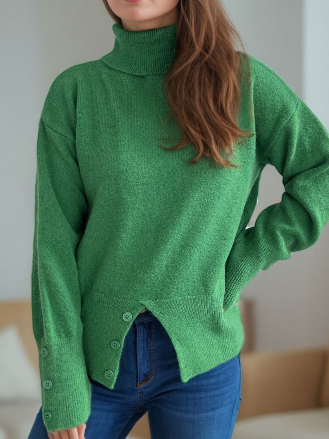 Blue Zone Planet | Front Slit Decorative Button Turtleneck Sweater-TOPS / DRESSES-[Adult]-[Female]-Dark Green-One Size-2022 Online Blue Zone Planet