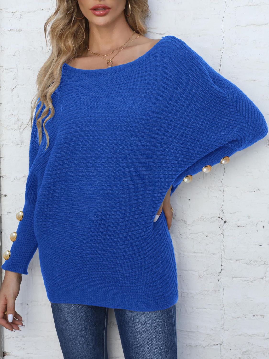 Full Size Boat Neck Long Sleeve Sweater-TOPS / DRESSES-[Adult]-[Female]-2022 Online Blue Zone Planet