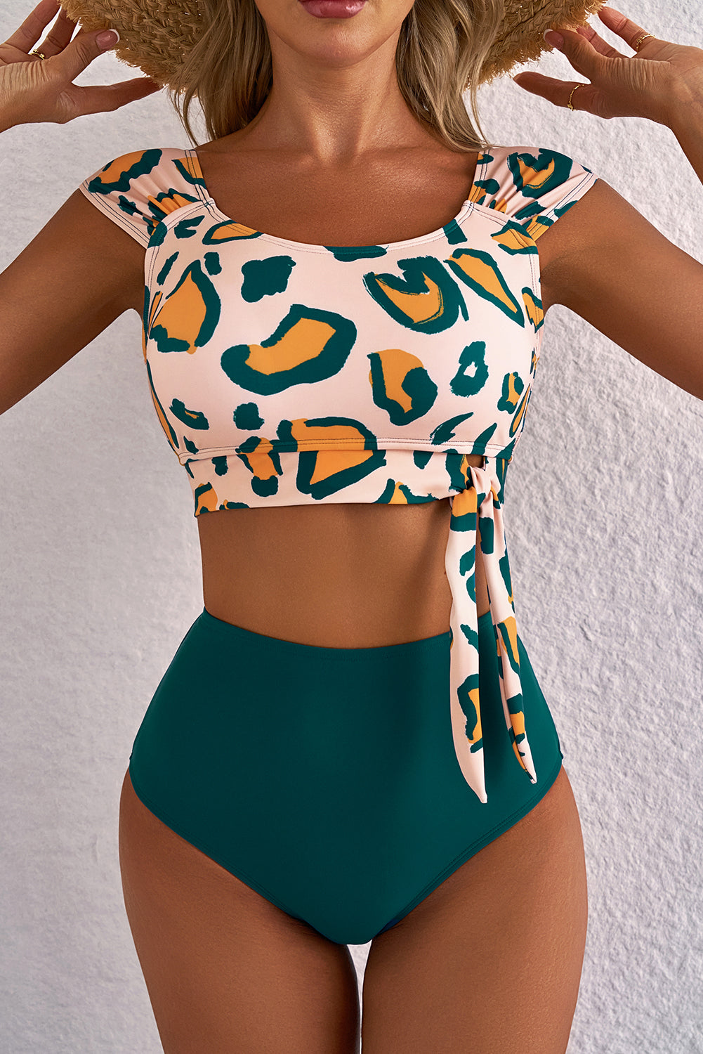 Green Leopard Print U Neck Knotted High Waist Bikini Set-Swimwear/High Waisted Swimsuit-[Adult]-[Female]-2022 Online Blue Zone Planet