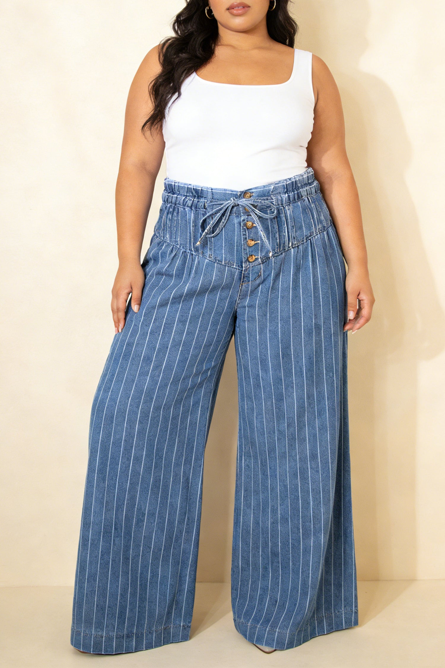 Sky Blue Stripe Plus Size Buttoned Loose Wide Leg Denim Pants-Plus Size/Plus Size Bottoms-[Adult]-[Female]-2022 Online Blue Zone Planet