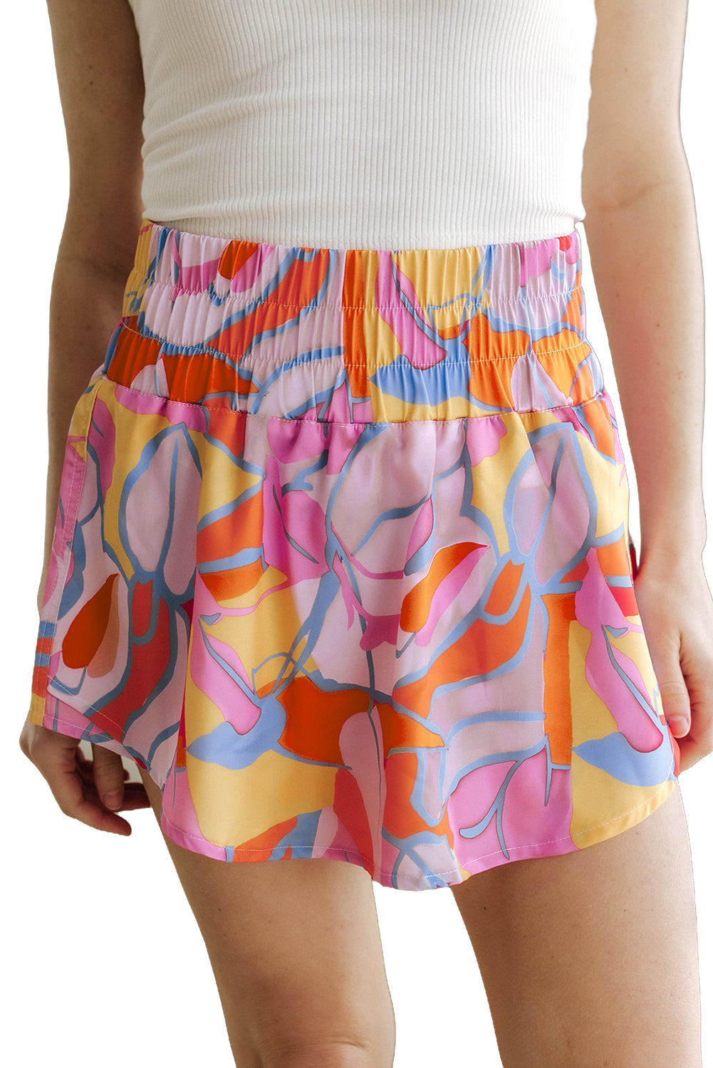 Purple Abstract Print Smock Waist Casual Shorts-BOTTOMS SIZES SMALL MEDIUM LARGE-[Adult]-[Female]-2022 Online Blue Zone Planet