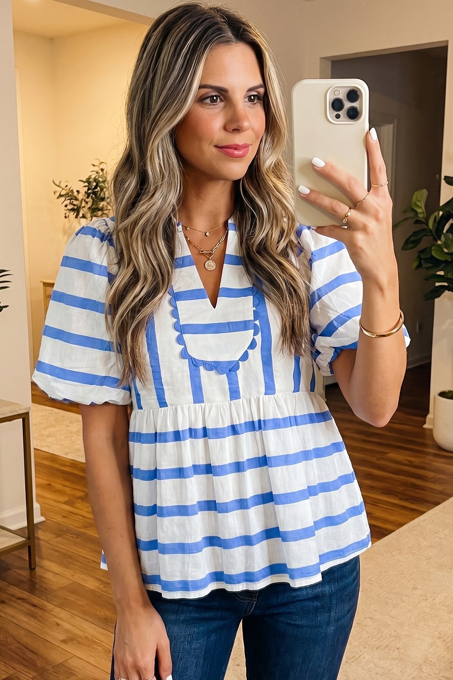 Sky Blue Stripe Split V Neck Puff Sleeve Summer Blouse-Tops/Blouses & Shirts-[Adult]-[Female]-2022 Online Blue Zone Planet