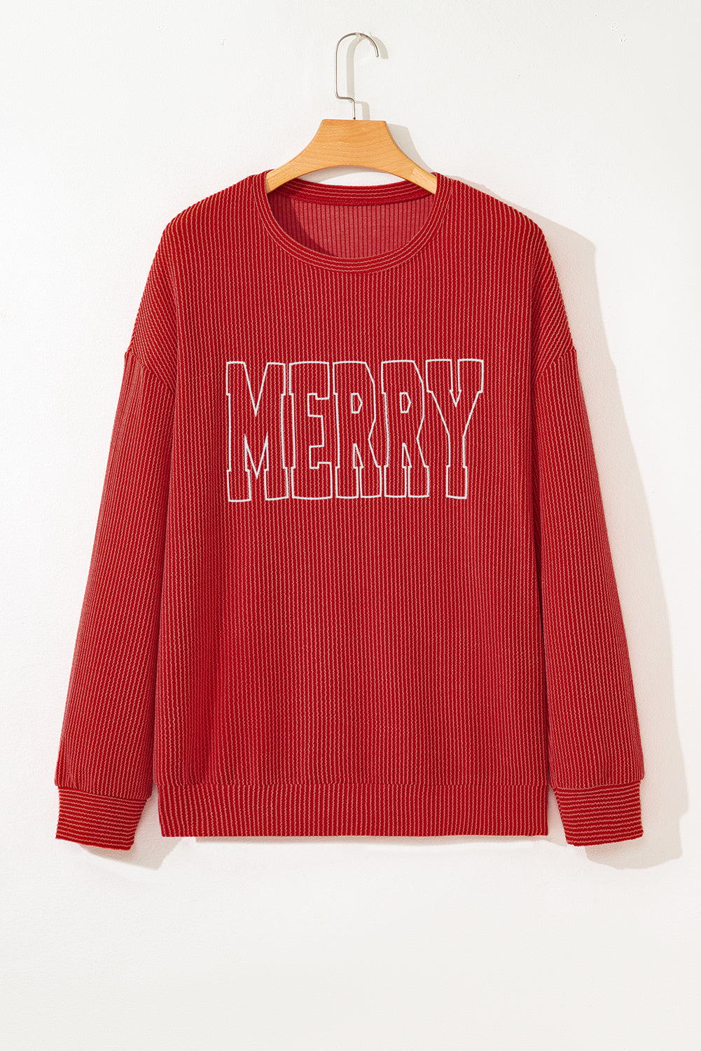 Fiery Red Twist Ribbed Merry Letter Graphic Plus Size Pullover-Plus Size/Plus Size Tops/Plus Size Long Sleeve Tops-[Adult]-[Female]-2022 Online Blue Zone Planet