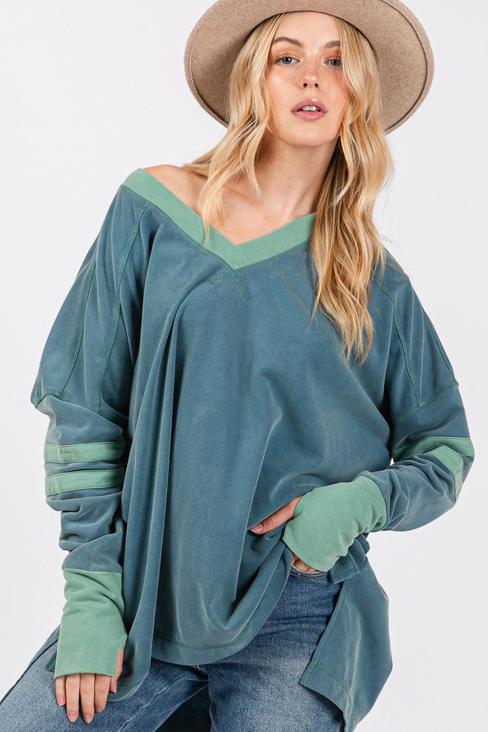 SAGE + FIG Mineral Wash Side Slit Contrast Top-TOPS / DRESSES-[Adult]-[Female]-Teal-S-2022 Online Blue Zone Planet