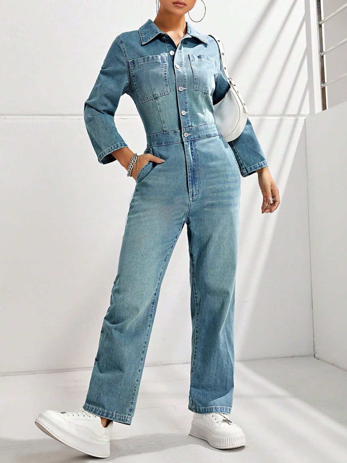 Half Button Long Sleeve Straight Leg Denim Jumpsuit-TOPS / DRESSES-[Adult]-[Female]-2022 Online Blue Zone Planet