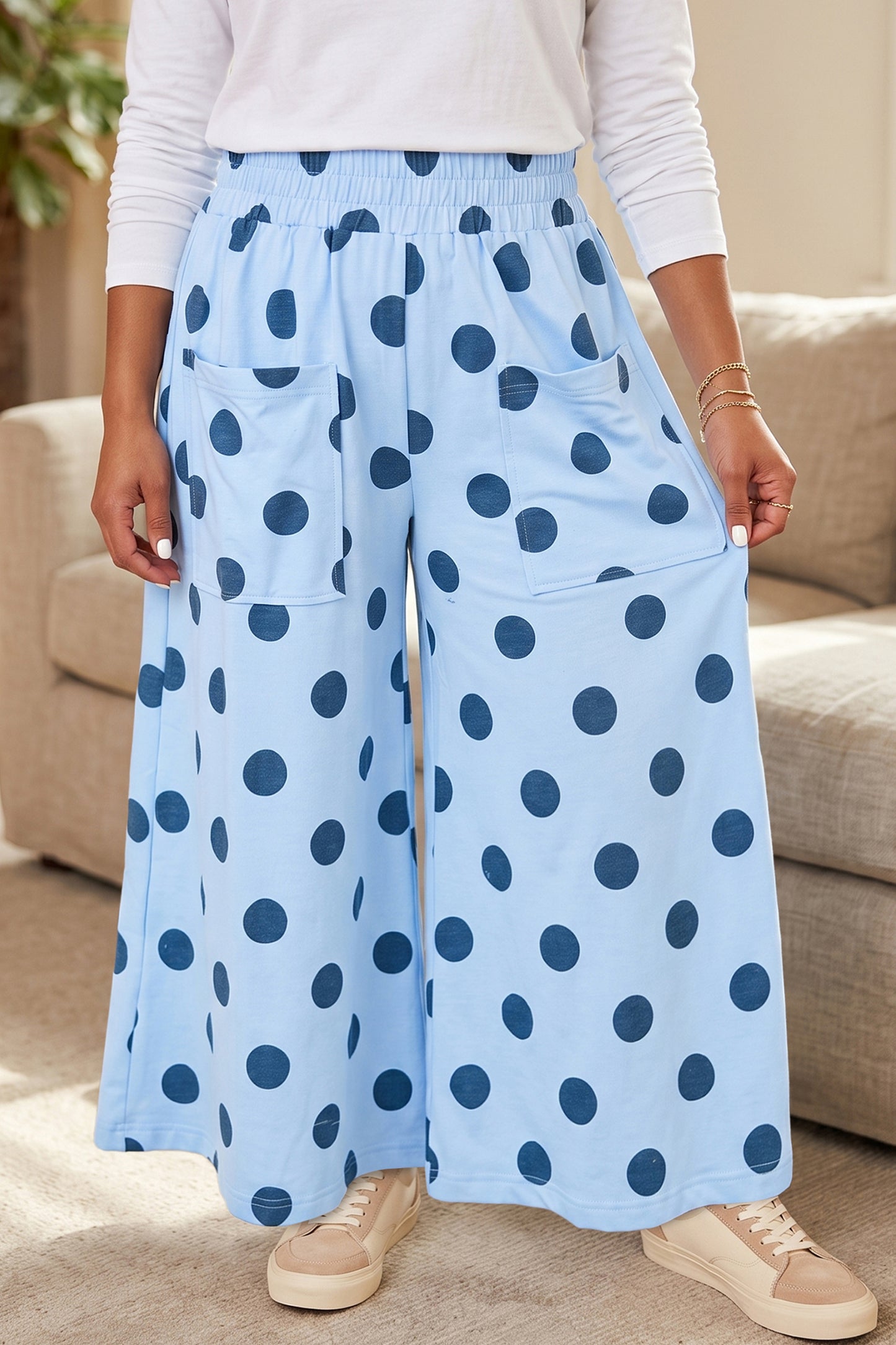 Khaki Polka Dot Elastic Waist Wide Leg Plus Size Pants-Plus Size/Plus Size Bottoms-[Adult]-[Female]-2022 Online Blue Zone Planet