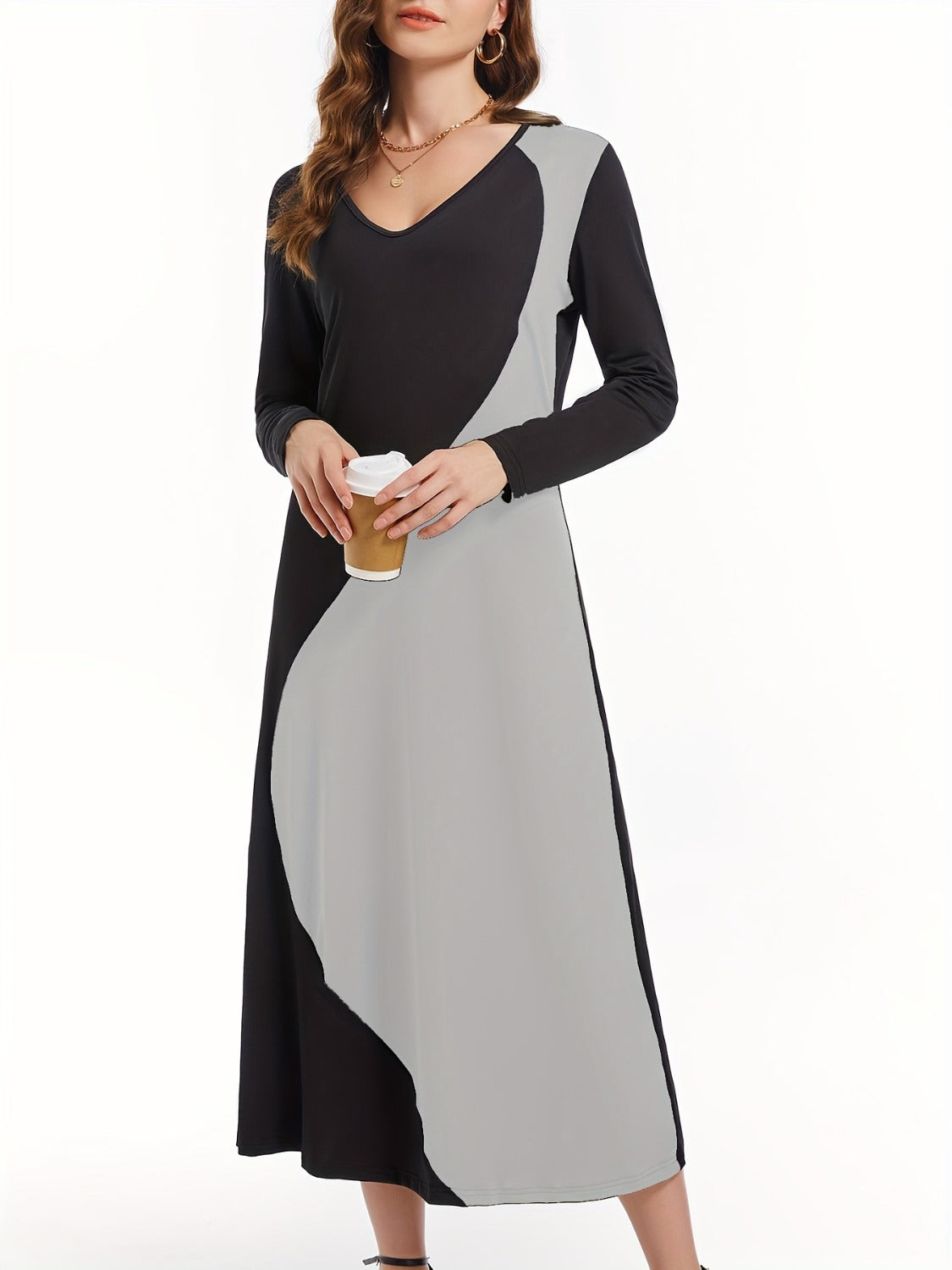 Contrast Long Sleeve Midi Dress-TOPS / DRESSES-[Adult]-[Female]-2022 Online Blue Zone Planet