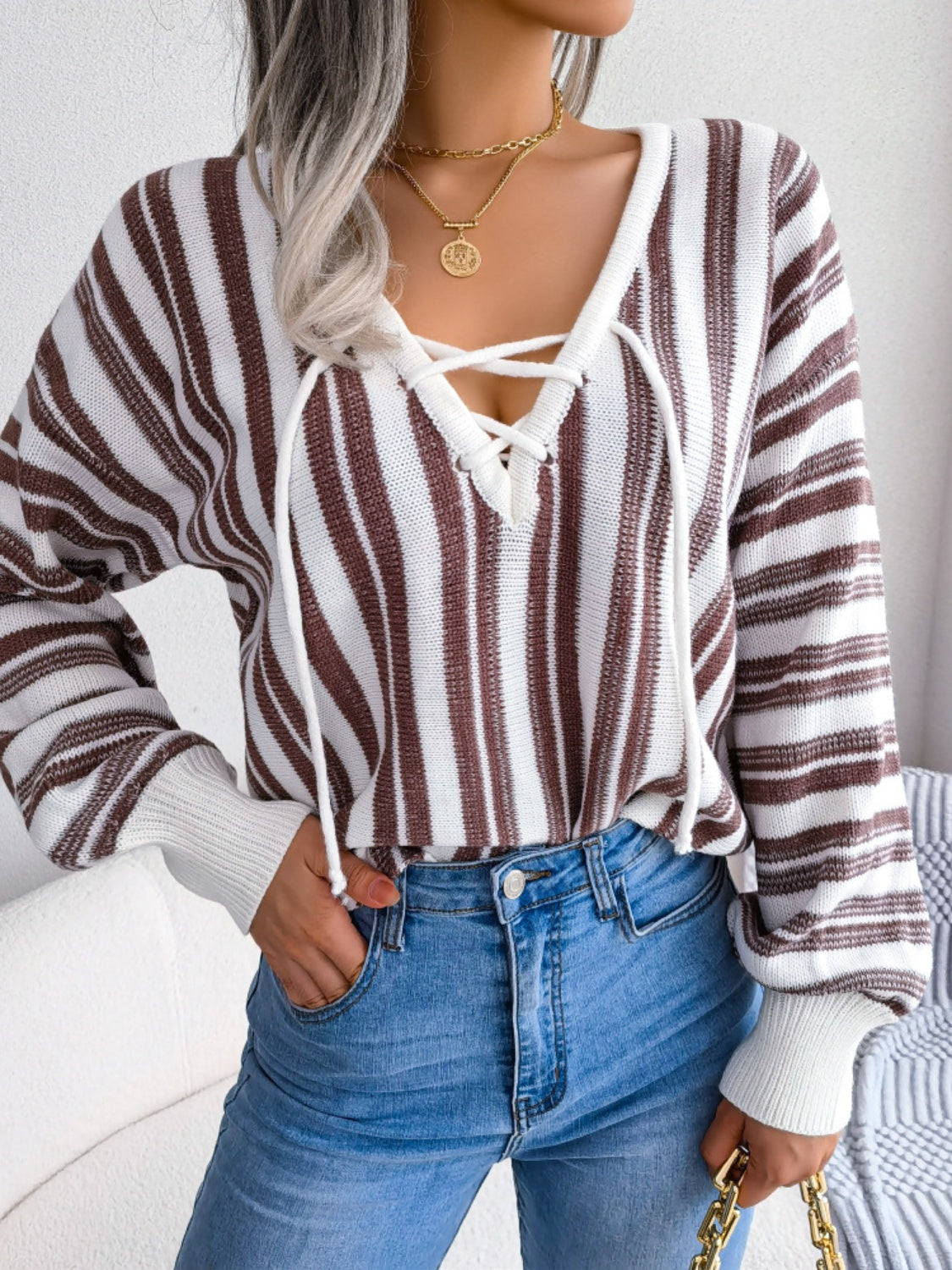 Striped Lace-Up Long Sleeve Sweater-TOPS / DRESSES-[Adult]-[Female]-2022 Online Blue Zone Planet