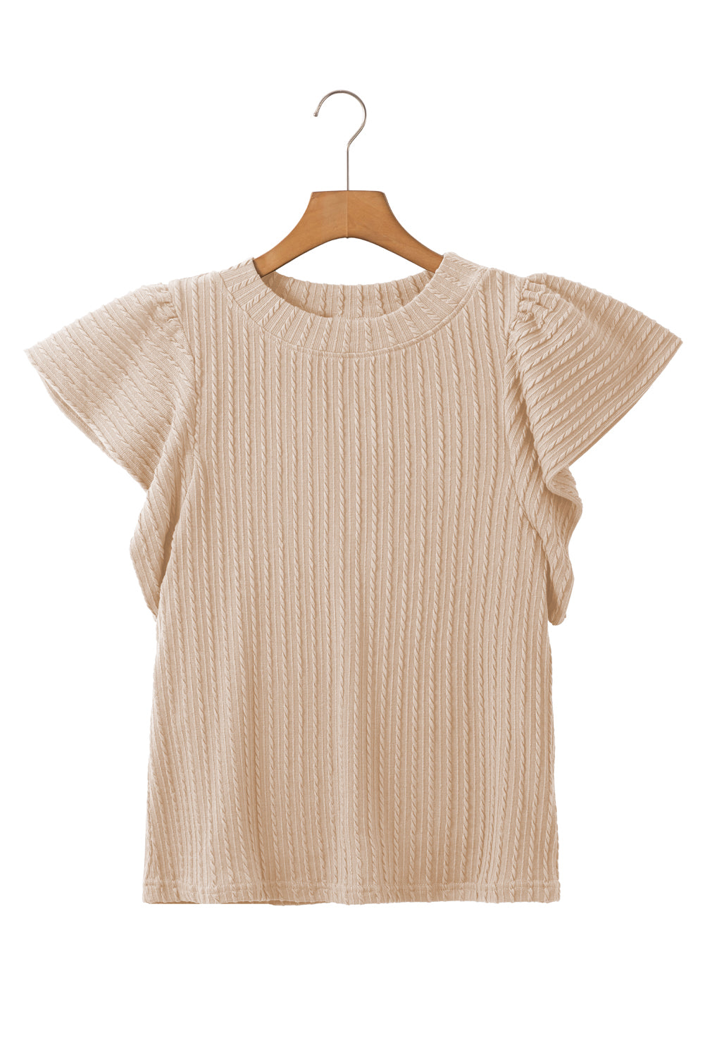 Beige Solid Color Textured Flutter Sleeve Top-Tops/Blouses & Shirts-[Adult]-[Female]-2022 Online Blue Zone Planet