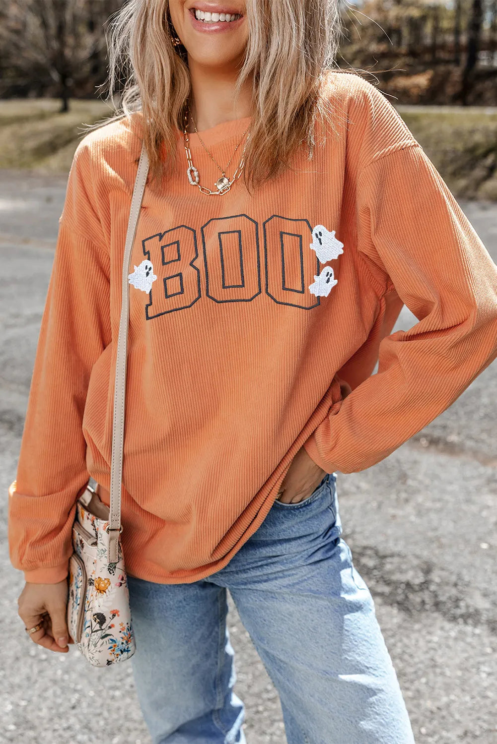 BOO Round Neck Long Sleeve Sweatshirt-TOPS / DRESSES-[Adult]-[Female]-2022 Online Blue Zone Planet