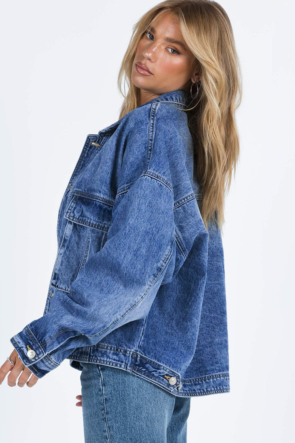 Blue Zone Planet | Blue Chest Pockets Drop Shoulder Loose Denim Jacket-Outerwear/Denim jackets-[Adult]-[Female]-2022 Online Blue Zone Planet