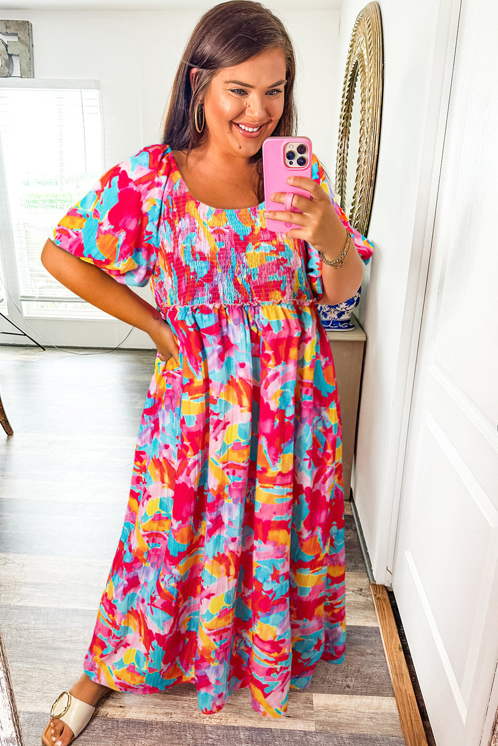 Rose Abstract Printed Puff Sleeve Square Neck Smocked Bust Tied Back Plus Size Dress-TOPS / DRESSES-[Adult]-[Female]-2022 Online Blue Zone Planet