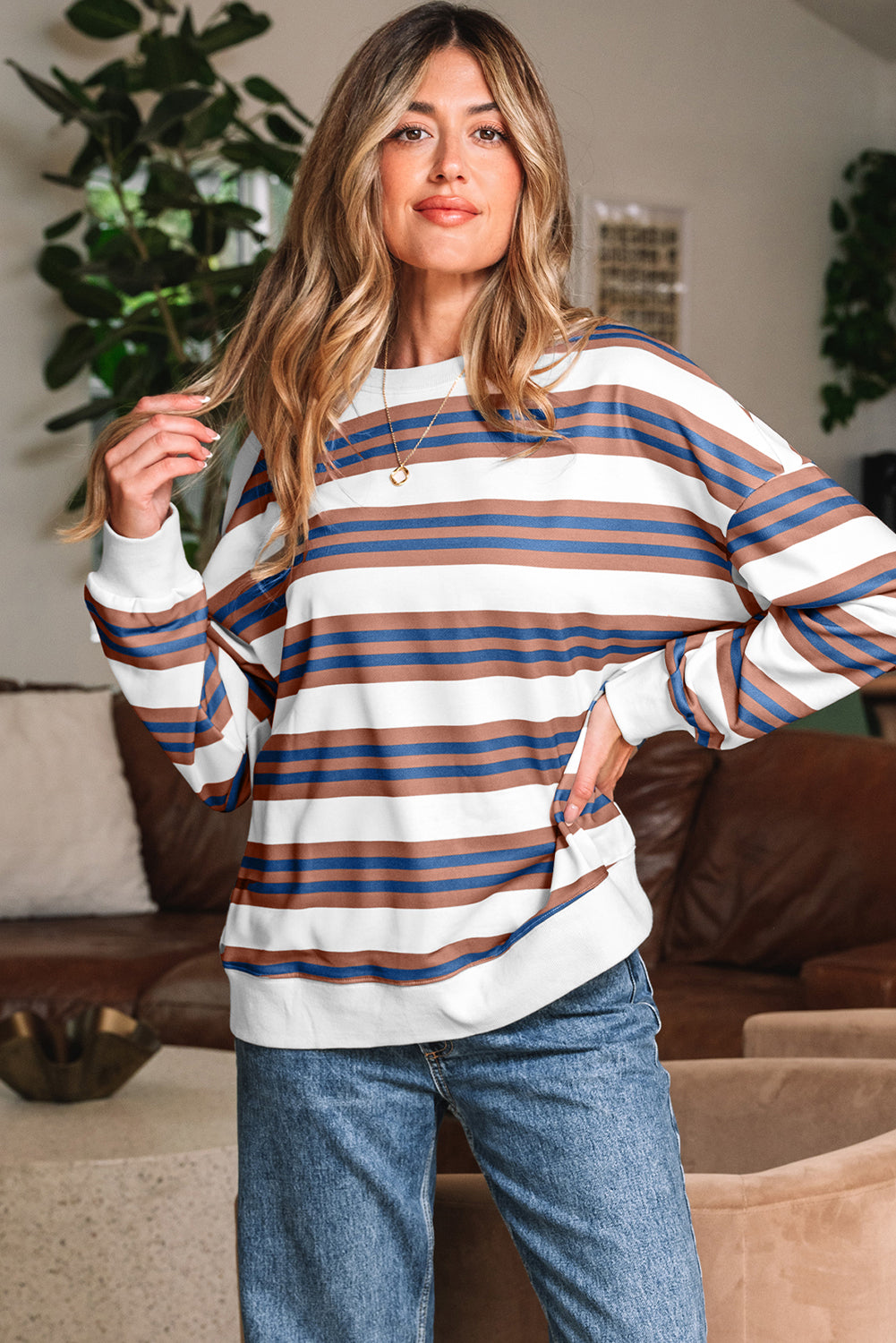 Brown Stripe Crew Neck Drop Shoulder Pullover Sweatshirt-Tops/Sweatshirts & Hoodies-[Adult]-[Female]-2022 Online Blue Zone Planet