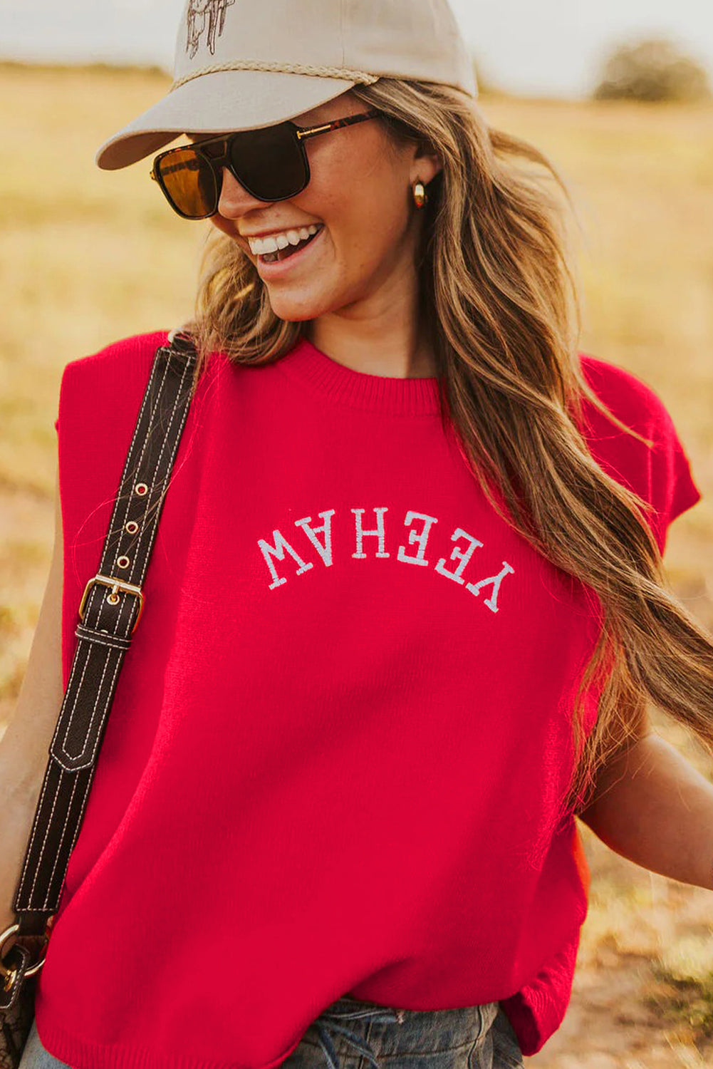 Fiery Red YEEHAW Embroidered Letter Loose Short Sleeve Sweater-Sweaters & Cardigans/Short Sleeve Sweaters-[Adult]-[Female]-2022 Online Blue Zone Planet